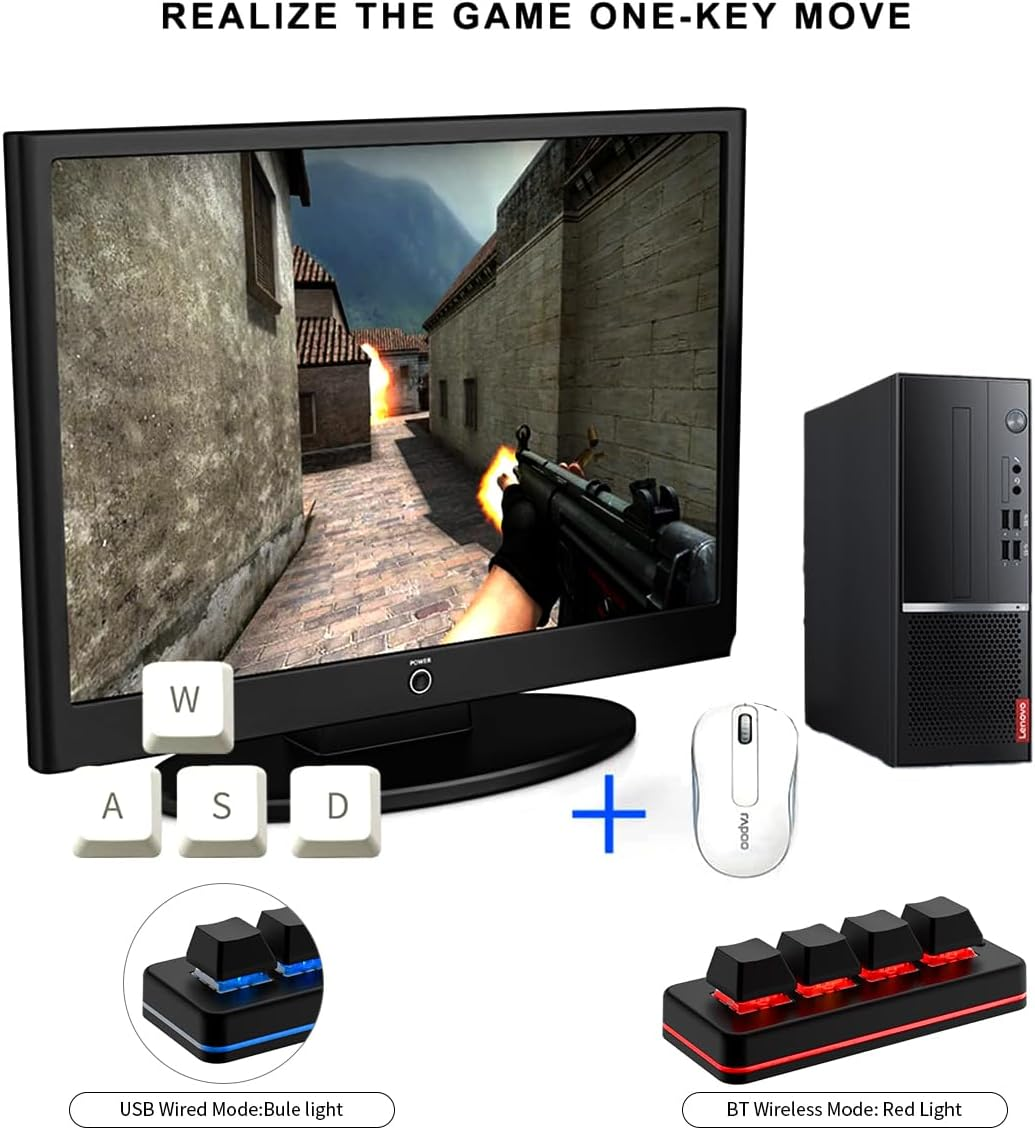 Ein Monitor zeigt ein Spiel, daneben ein PC, Maus und Tastenkappen.