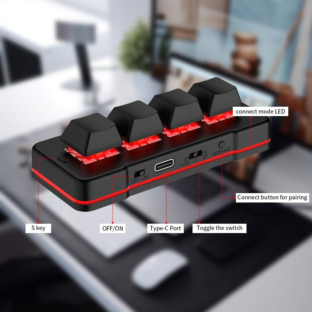 Schwarzes Tastatur-Makro-Pad mit roten LEDs, USB-C, BT und 4 Tasten.
