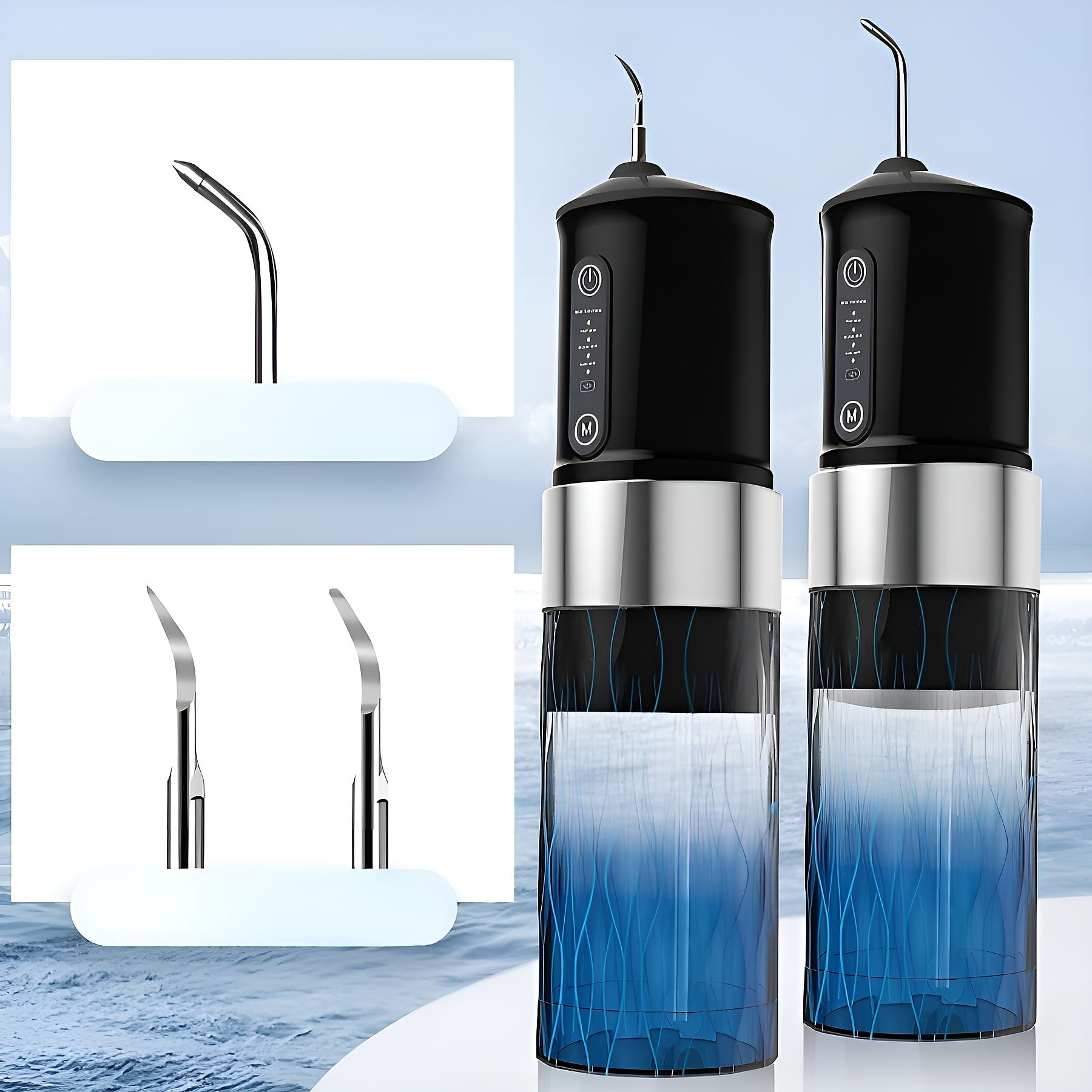 Zwei schwarze Zahnreiniger mit blauem Wassertank und Metallspitzen.