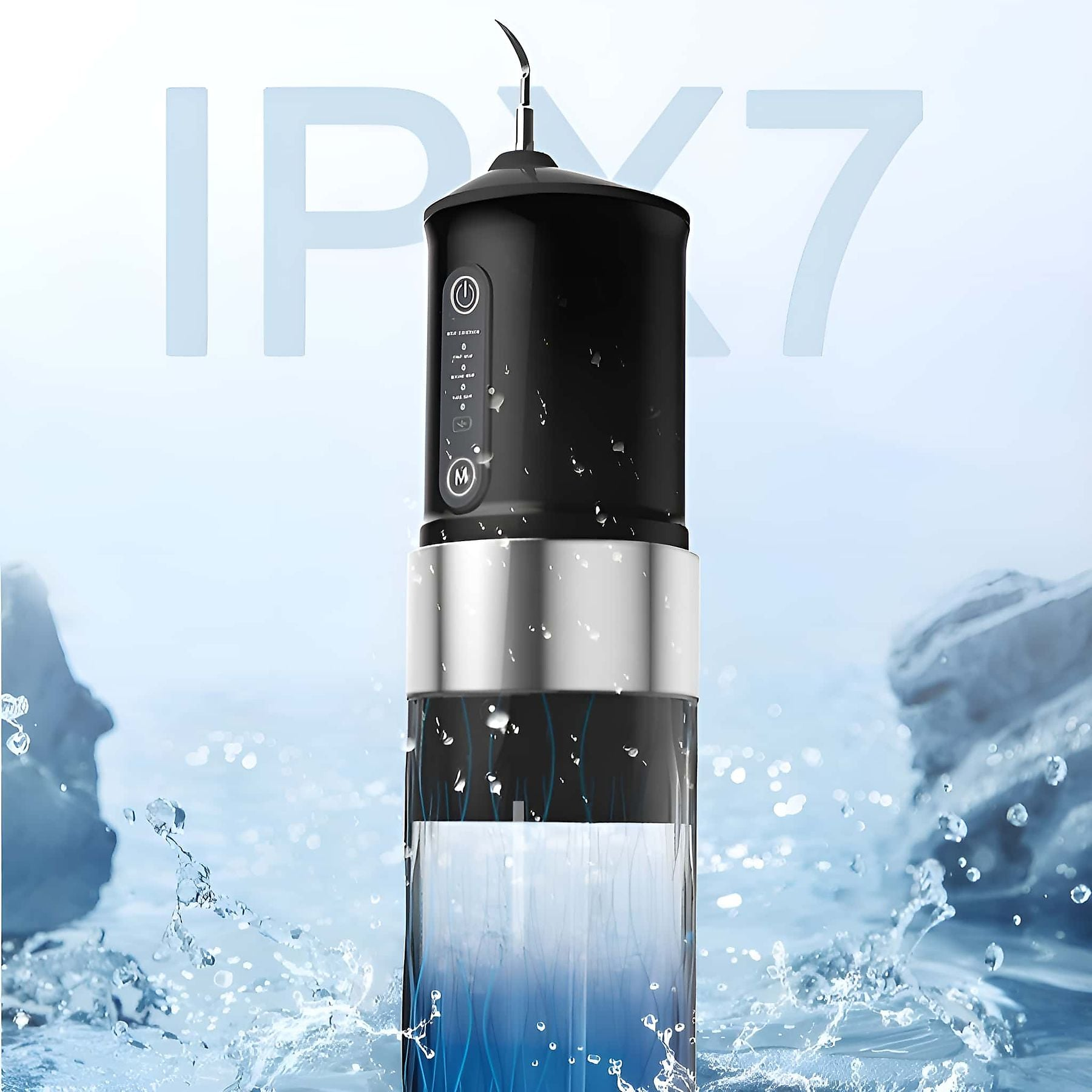 Schwarzer Wasserausspüler mit silbernem Ring und Wassertank, mit IPX7-Zeichen.