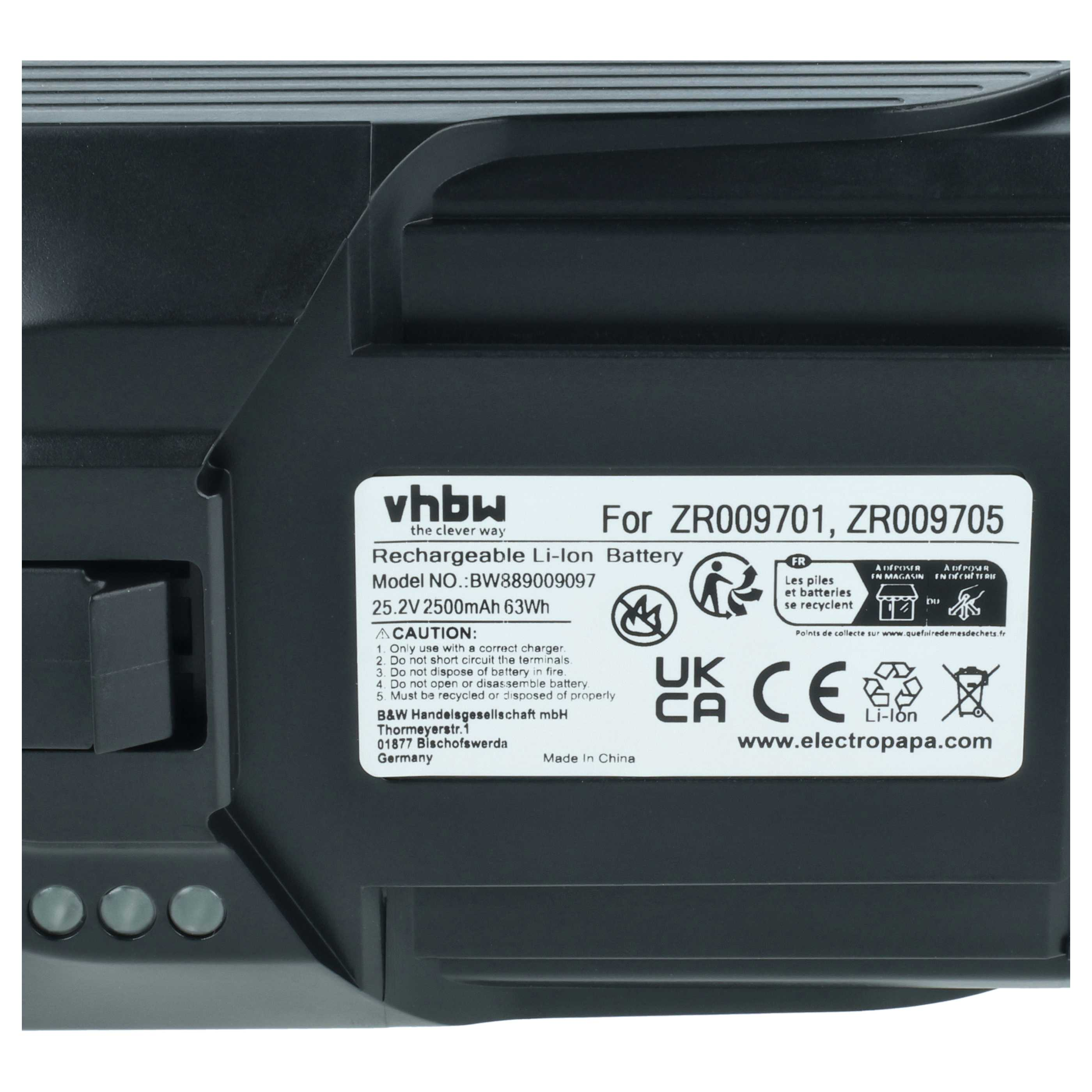 Schwarzer Li-Ion Akku mit Aufkleber: vhbw, 25.2V, 2500mAh, ZR009701/05.