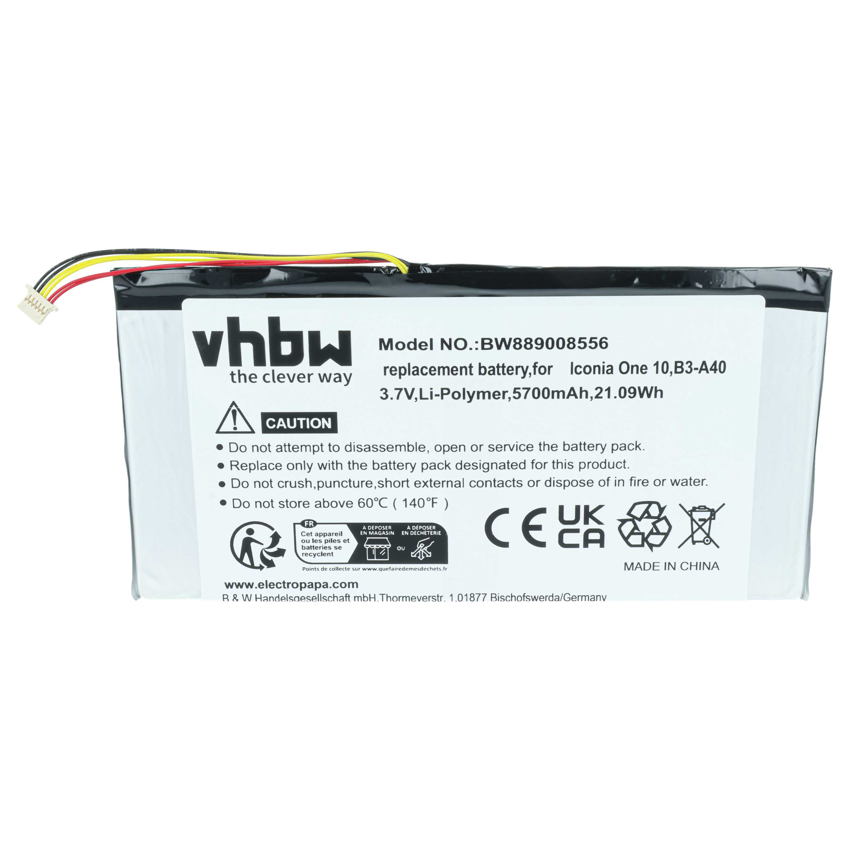 vhbw Ersatzakku 3,7V Li-Polymer 5700mAh für Iconia One 10, mit Kabeln. Made in China.