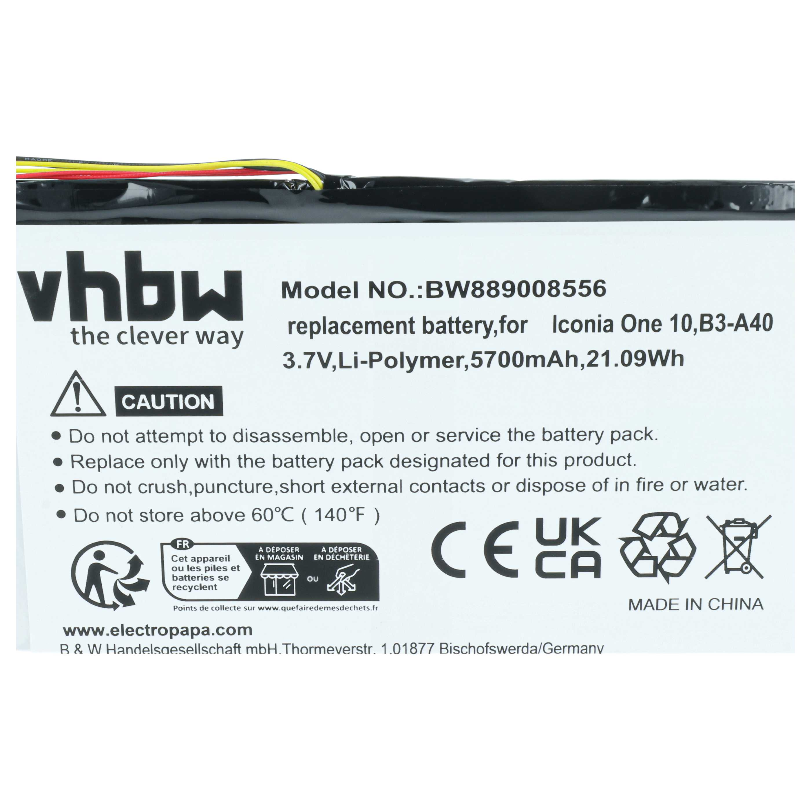 vhbw Ersatzakku für Iconia One 10, 3.7V, 5700mAh, Li-Polymer.