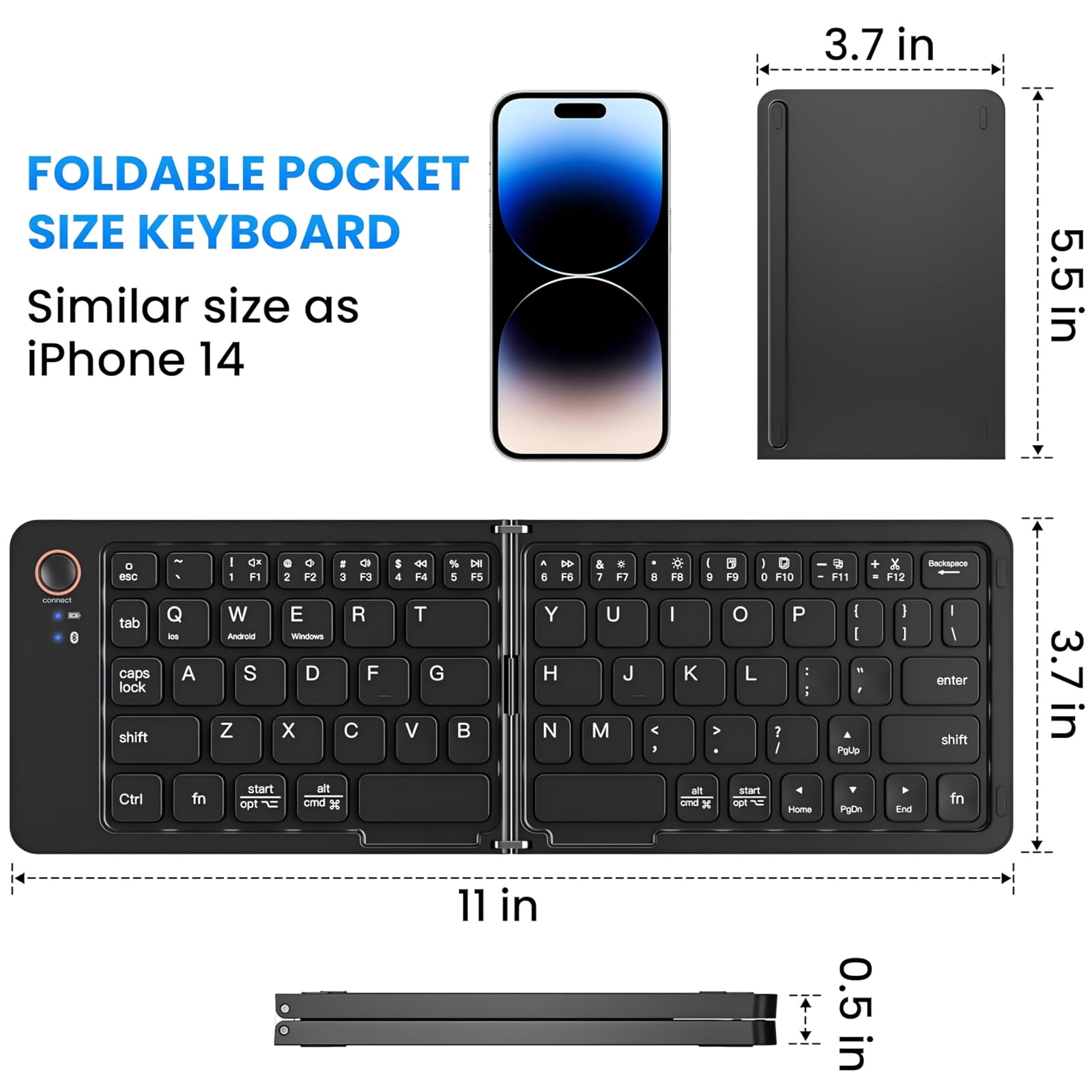 Ein faltbares Taschen-Tastatur-Layout mit Maßen, ähnlich einem iPhone 14.