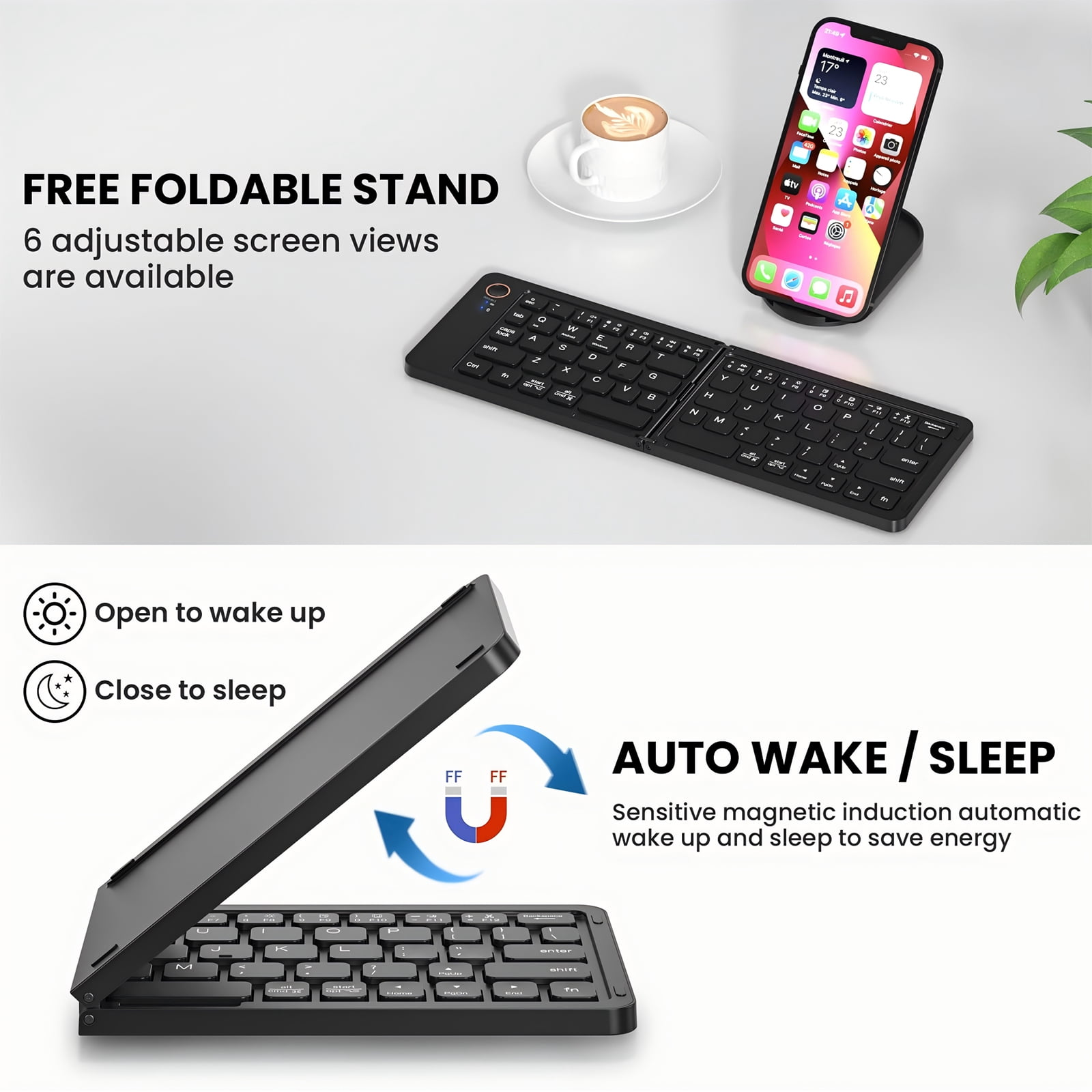 Ein faltbares Keyboard mit iPhone und Kaffeetasse.