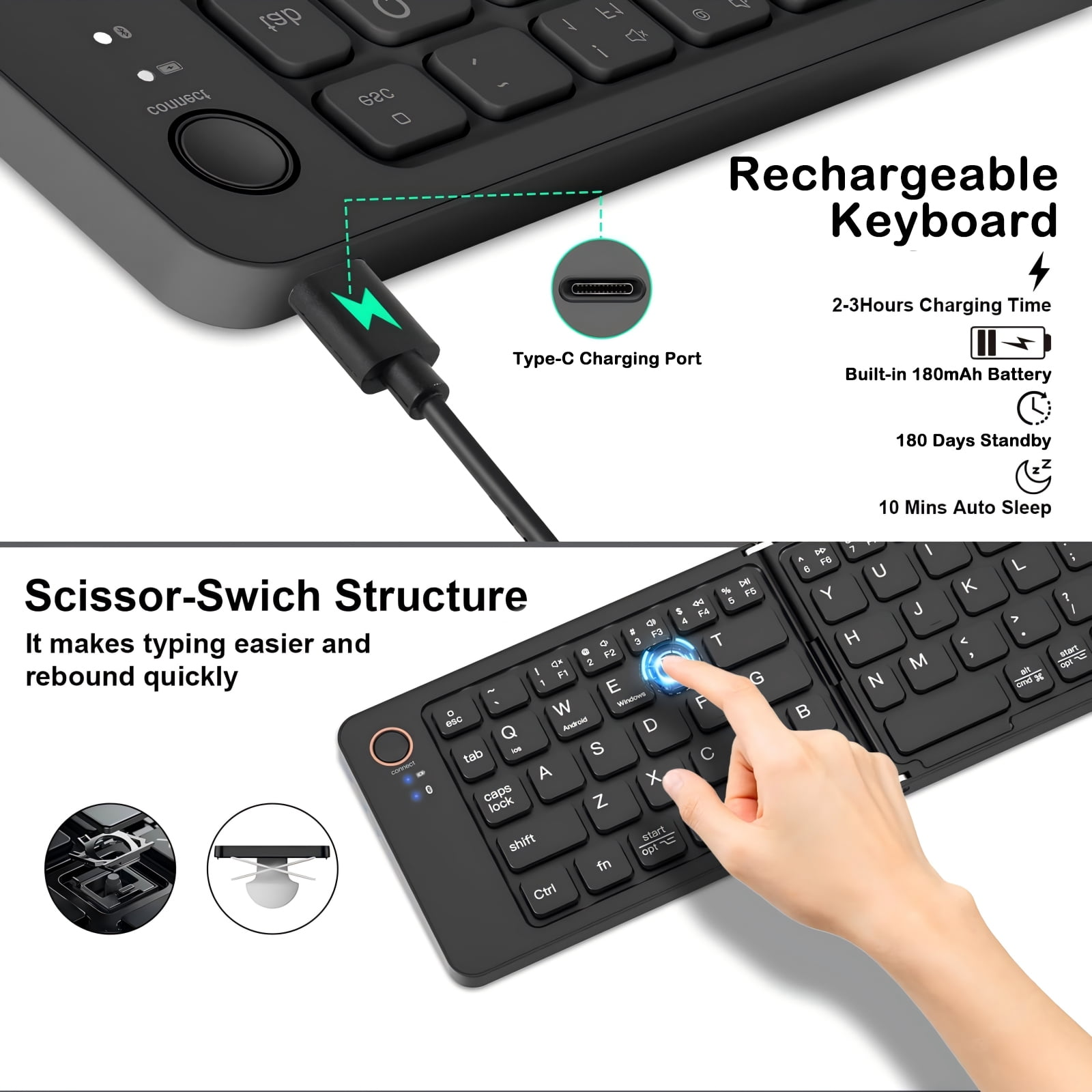 Schwarze wiederaufladbare Tastatur wird über USB-C geladen. Nahaufnahme der Tasten.