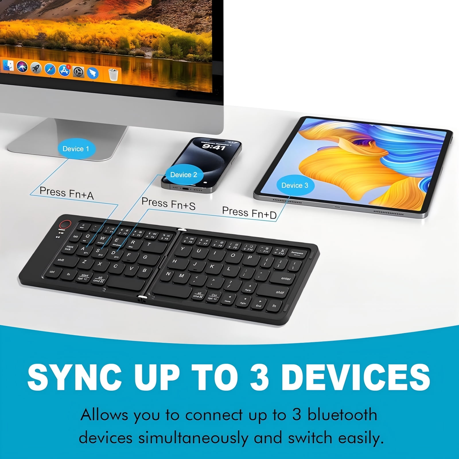 Ein faltbares Keyboard verbindet sich mit einem Computer, Smartphone und Tablet.
