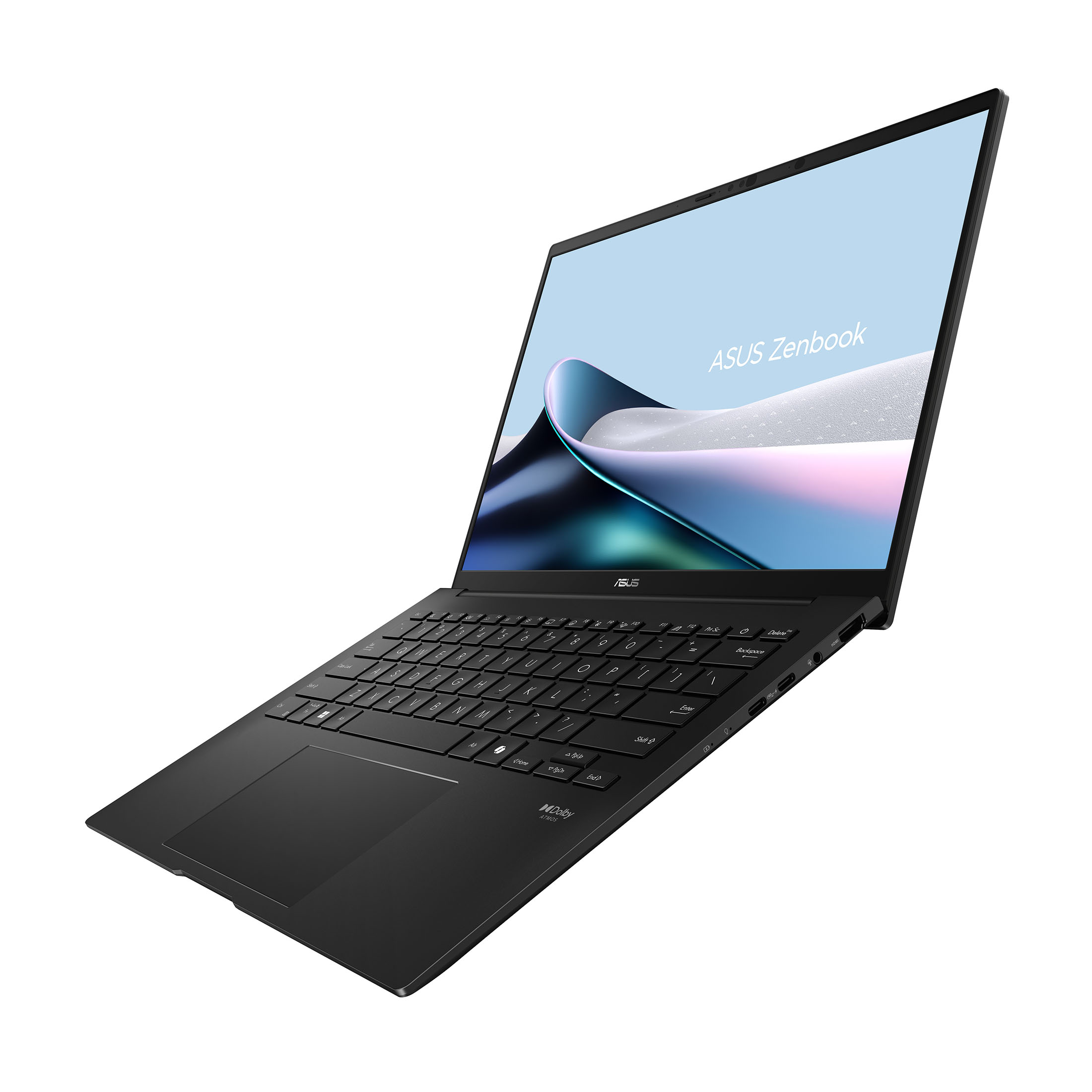 Ein schwarzes Asus Zenbook Laptop ist geöffnet, mit Tastatur und Touchpad sichtbar.