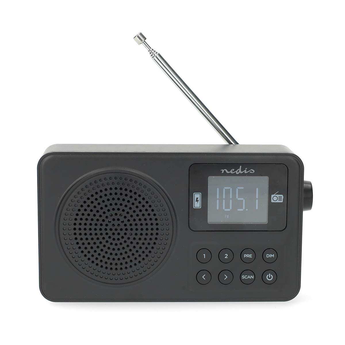 Ein schwarzes Radio mit ausgefahrener Antenne und einem Display, das 105.1 anzeigt.