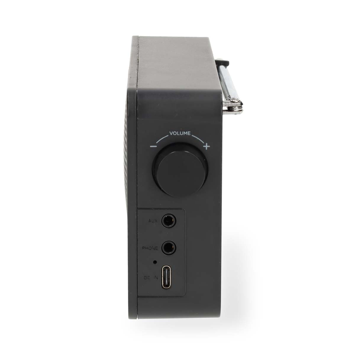Schwarzes Radio mit Lautstärkeregler, AUX-, Kopfhörer- und USB-Anschlüssen.