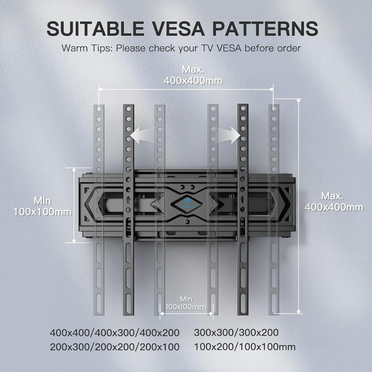 Diagrama de soporte de pared para TV que muestra patrones VESA ajustables de 100x100mm a 400x400mm.