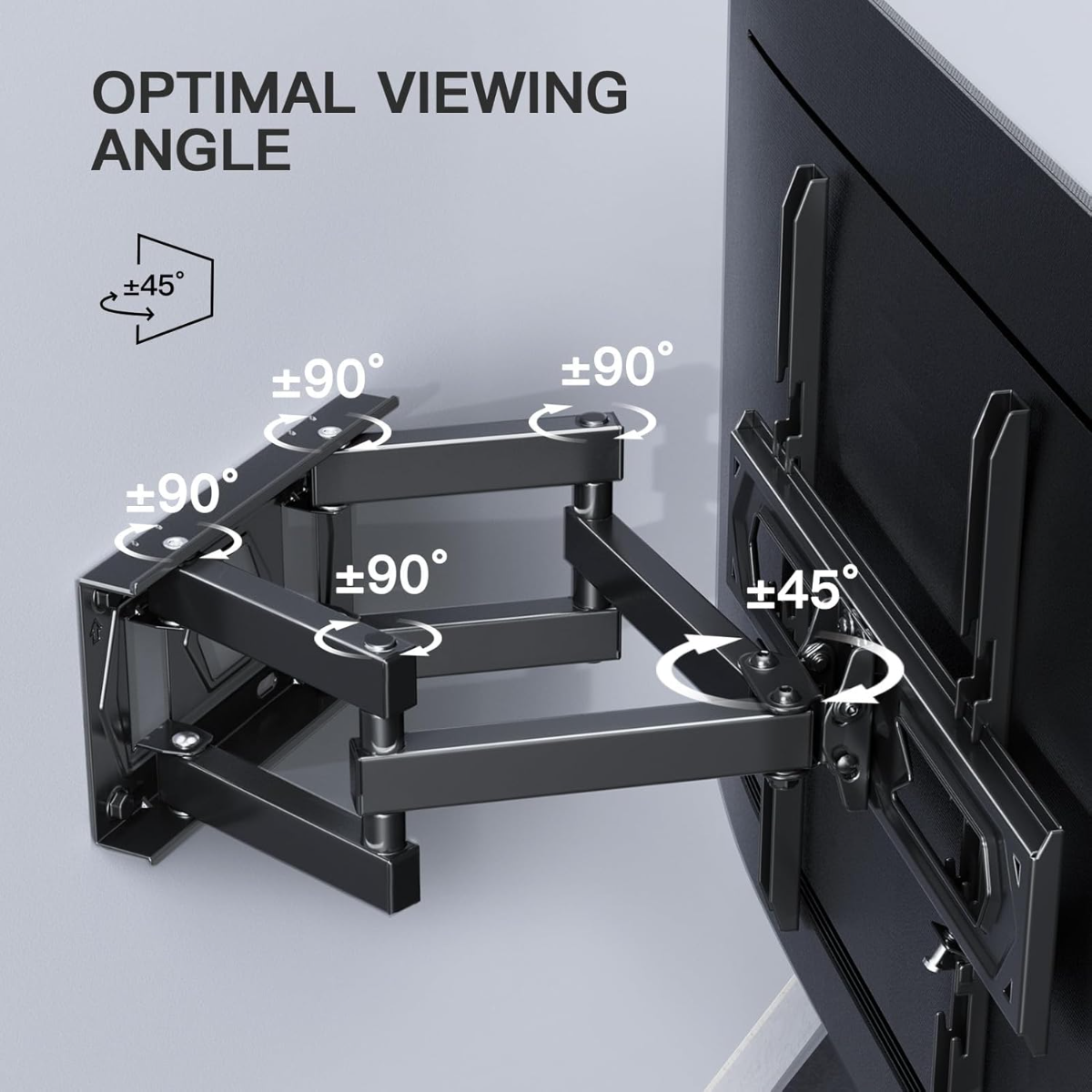 Soporte TV articulado con ajuste de ±90° y ±45° para ángulo de visión óptimo.