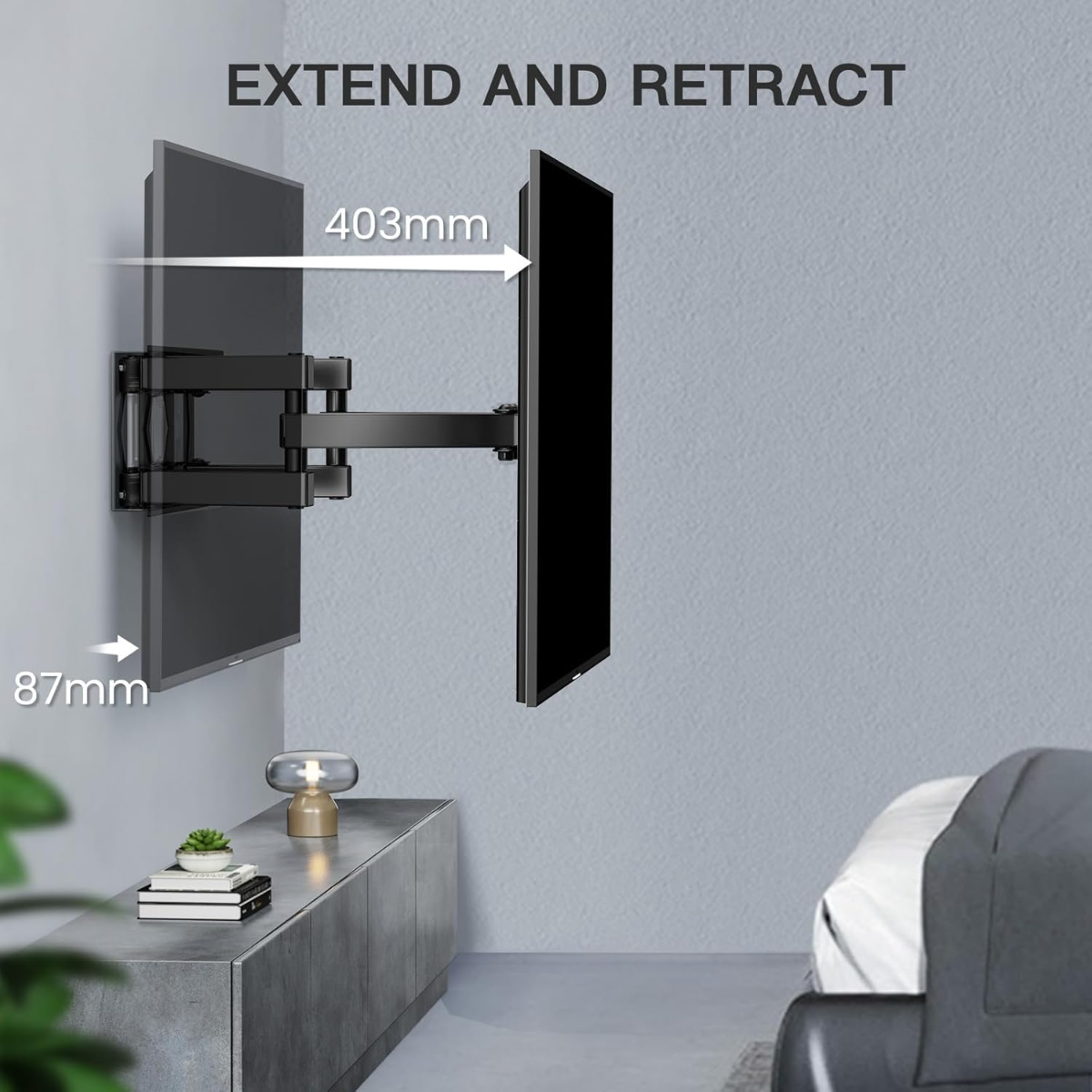 Soporte TV pared extiende 403mm, retrae 87mm. Muestra TV extendido y retraído.