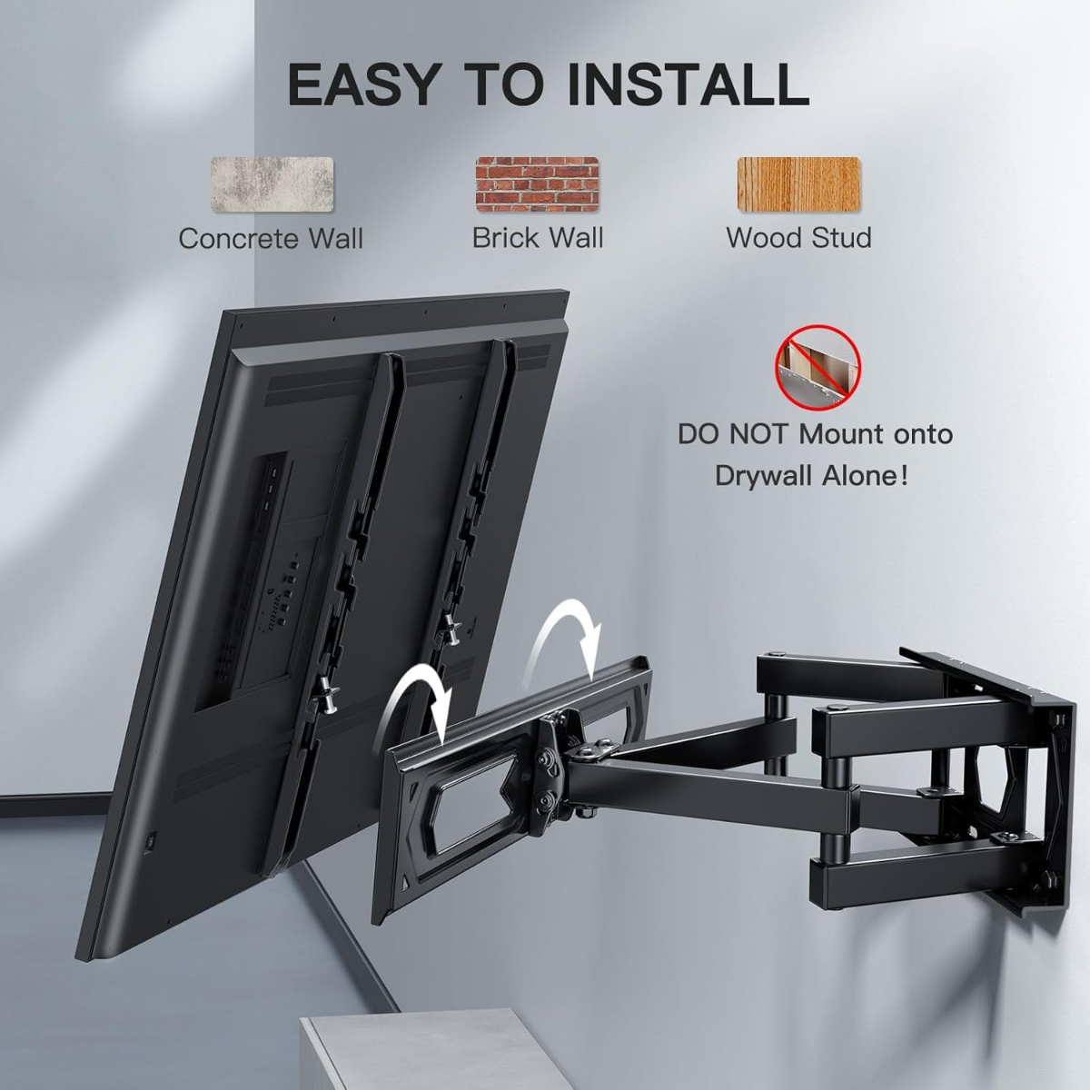 Soporte de pared para TV negro con brazo articulado, apto para hormigón, ladrillo y madera.