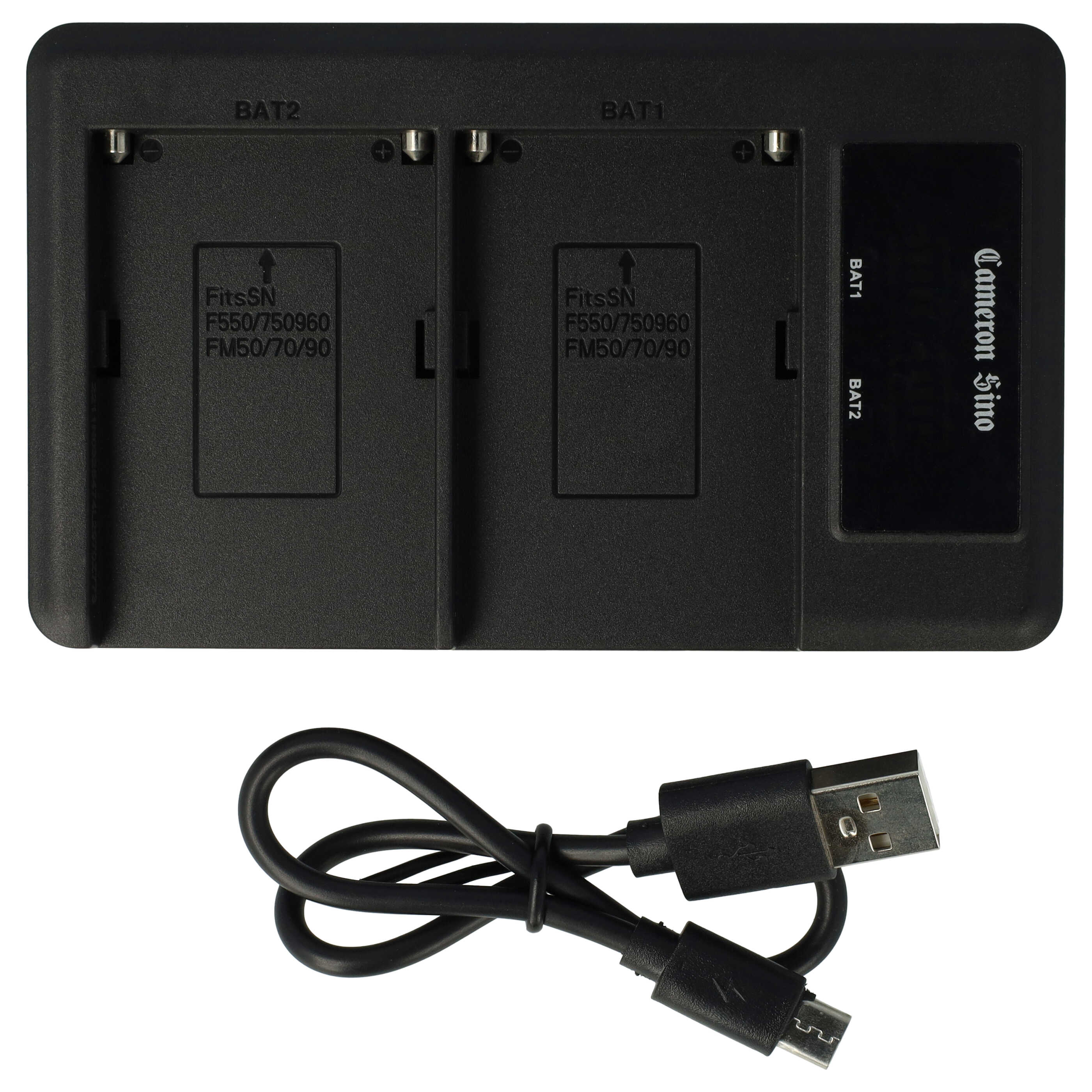 Ein schwarzes Ladegerät für zwei Akkus mit einem USB-Kabel.
