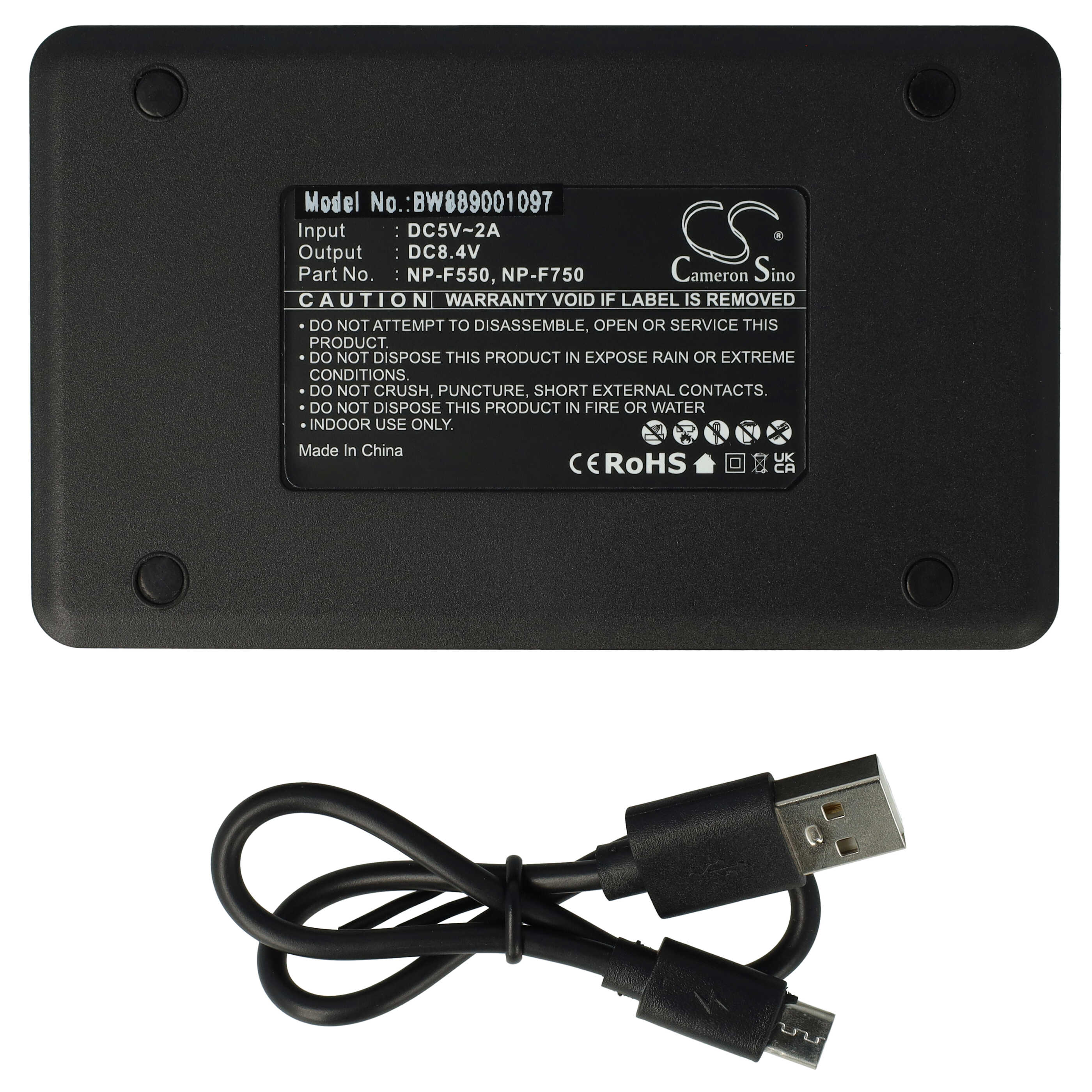 Schwarzes Ladegerät mit Modellnummer BW889001097 und USB-Kabel.