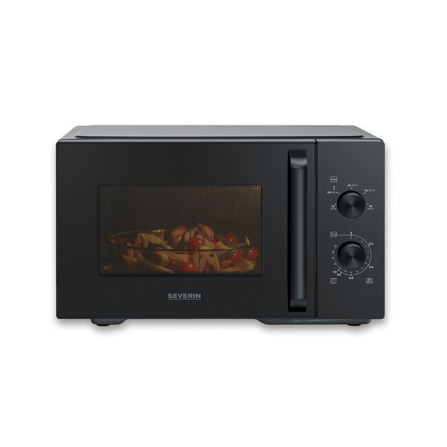 Schwarze Mikrowelle mit einer Schüssel Essen auf dem Rost.