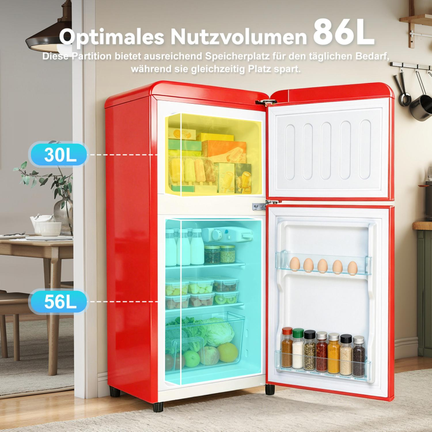 Ein roter Kühlschrank mit offenem Fach. Oben sind 30L, unten 56L.