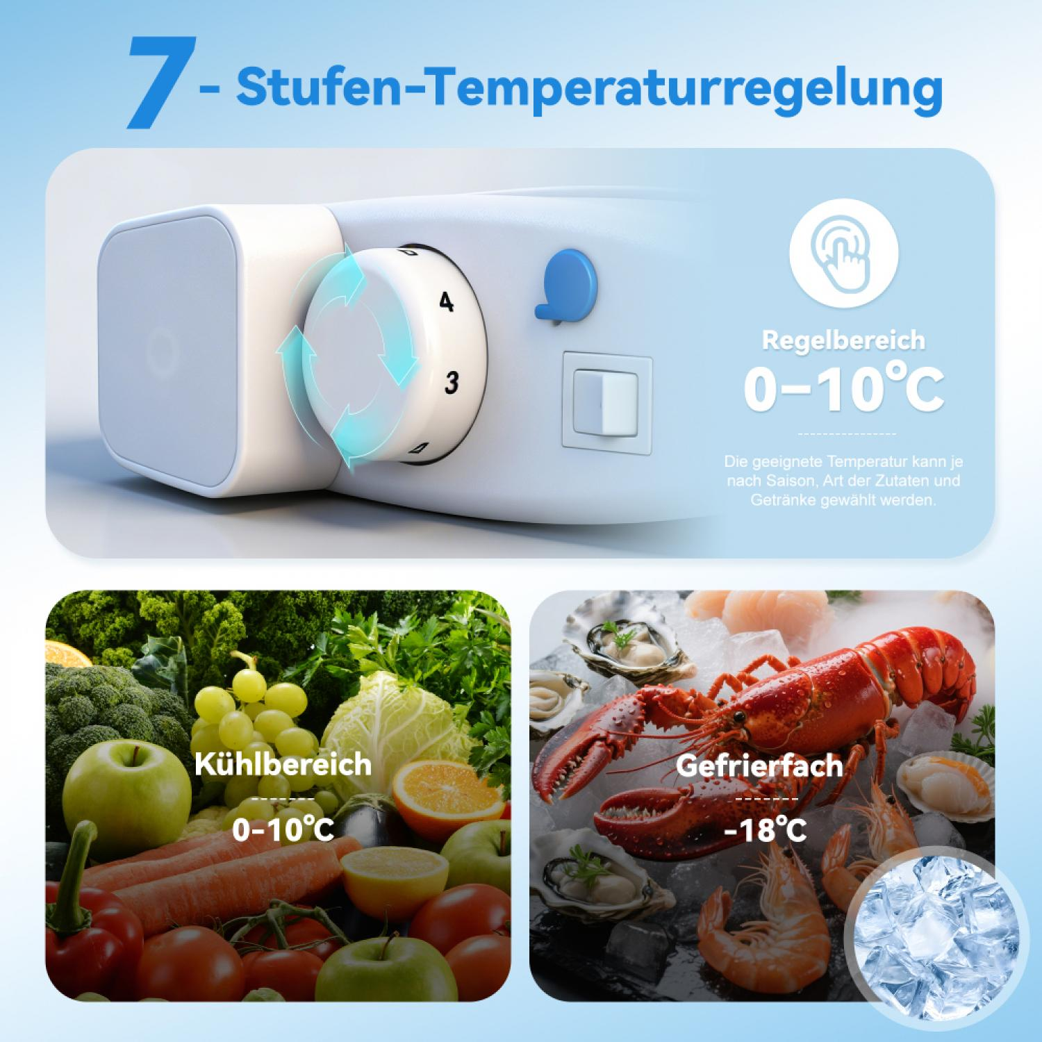 Kühlschrank-Temperaturregelung mit Kühl- und Gefrierbereichen.