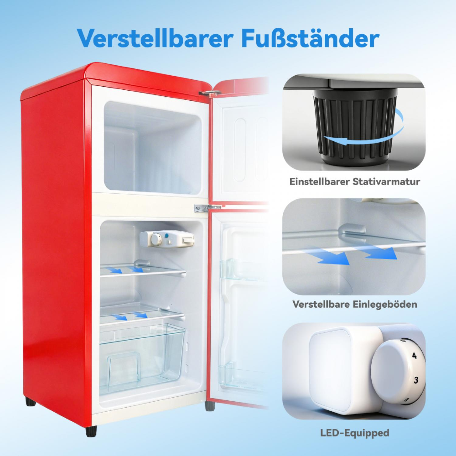 Ein roter Kühlschrank mit offenen Türen, der verschiedene Funktionen zeigt.