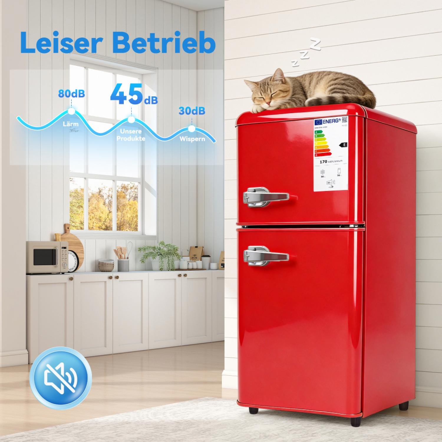 Eine Katze schläft auf einem roten Kühlschrank. Ein Diagramm zeigt Lärmpegel.