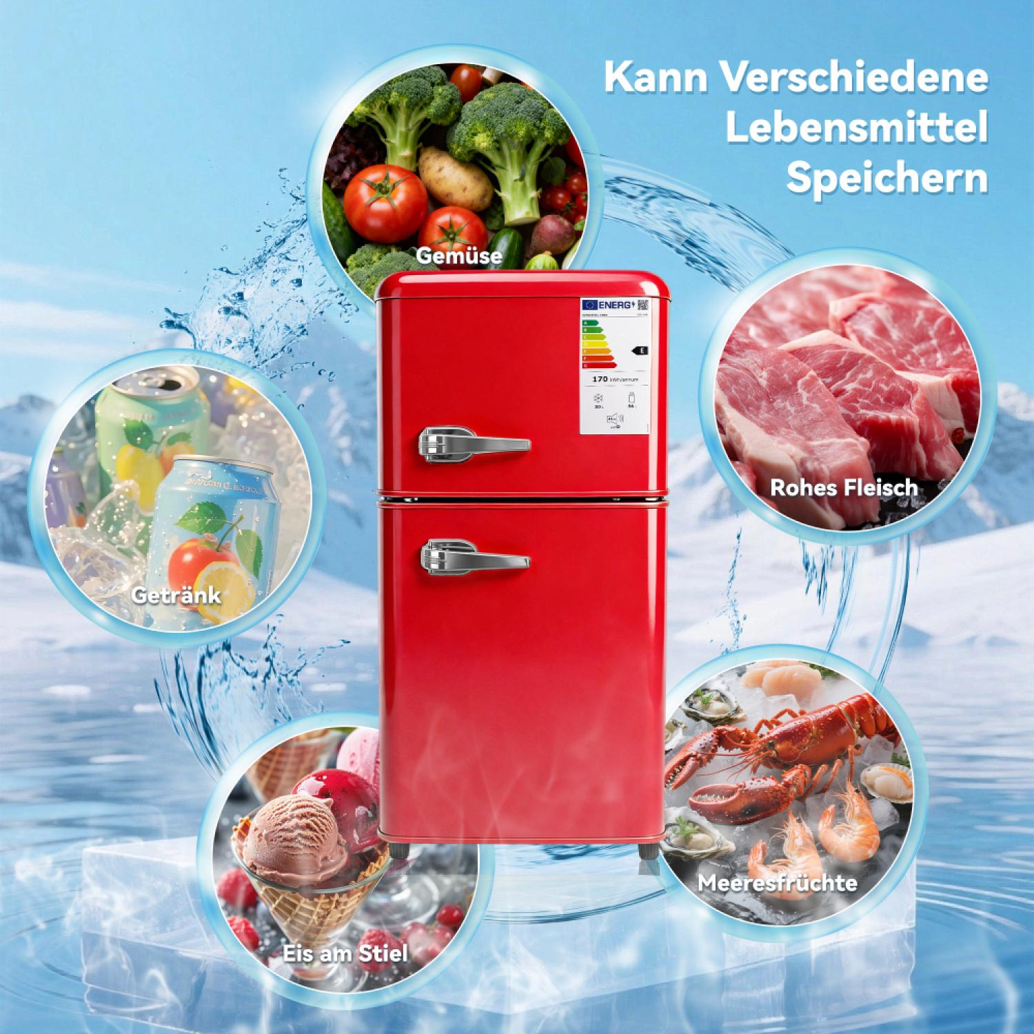 Rote Mini-Kühlgefrierkombination mit Bildern von Gemüse, Fleisch, Meeresfrüchten, Eis und Getränken.