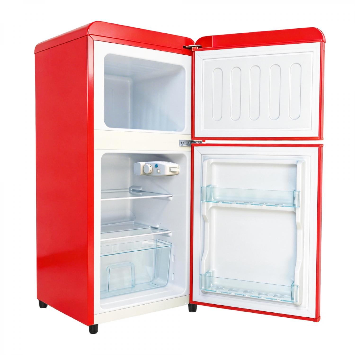 Ein roter Kühlschrank mit offenstehender Tür und leerem Innenraum.