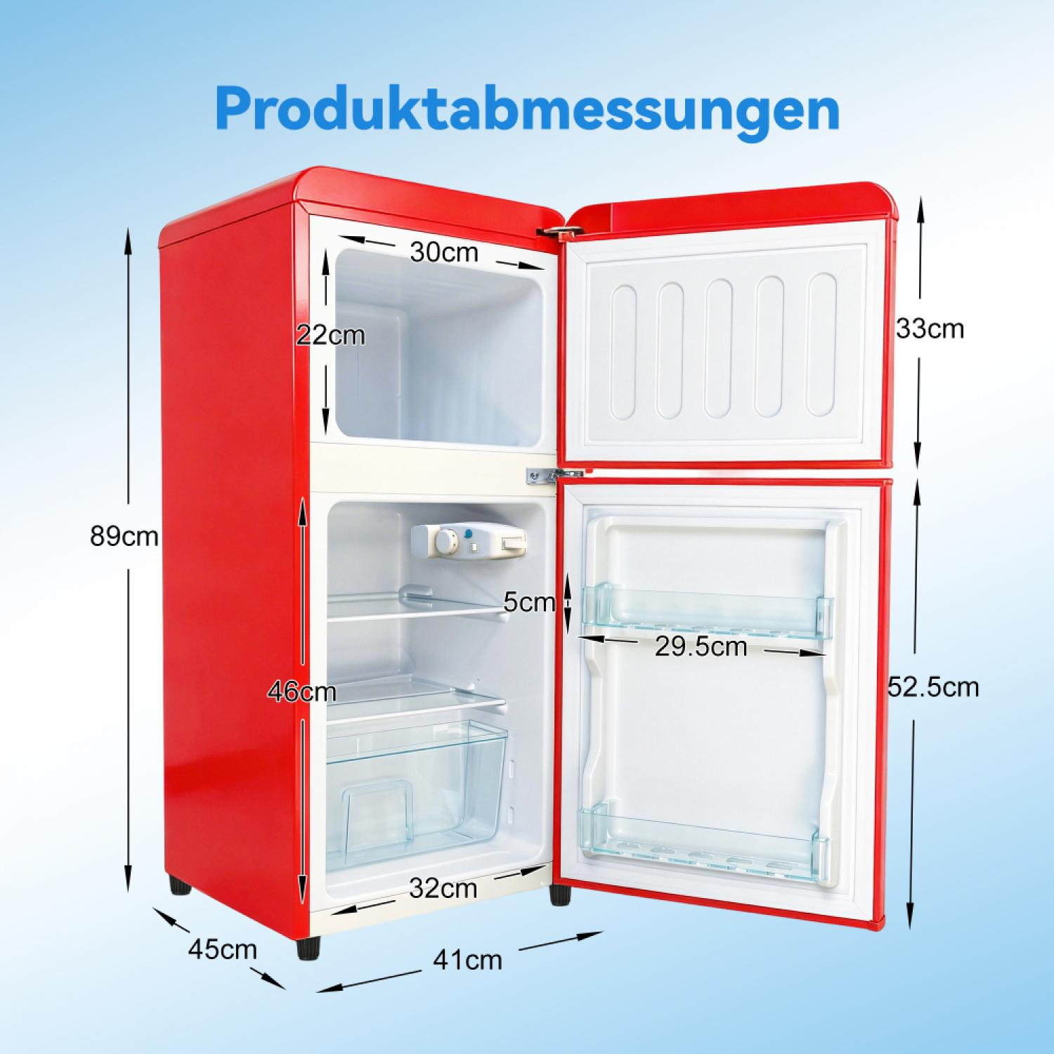 Ein roter Minikühlschrank mit offenen Türen zeigt seine Innenmaße und Merkmale, einschließlich Gefrierfach und Ablageflächen.