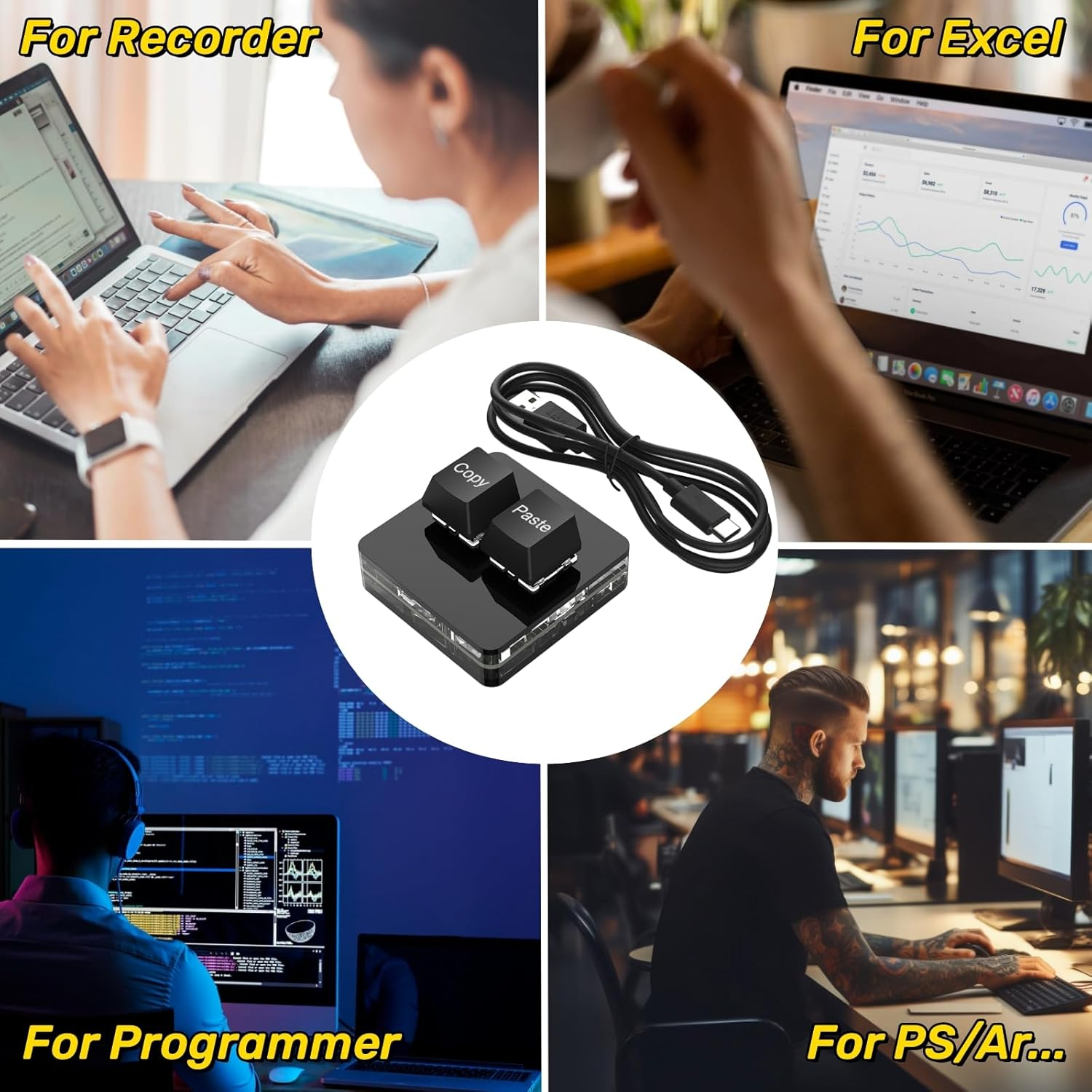 Vier Szenen: Person tippt, Diagramm auf Laptop, Programmierer, Mann am PC.