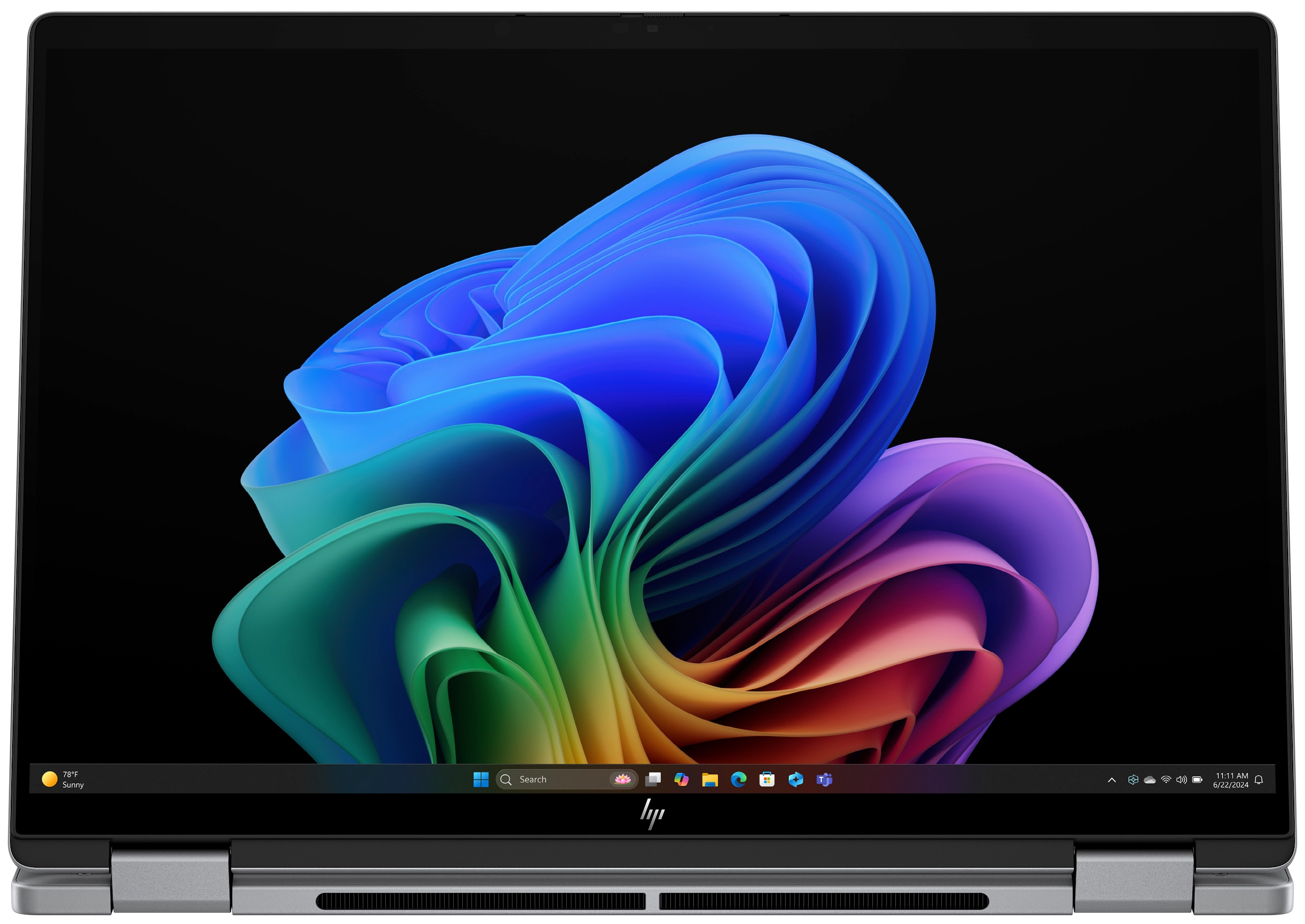 Laptop mit farbigem abstrakten Hintergrund auf schwarzem Grund mit Taskleiste.
