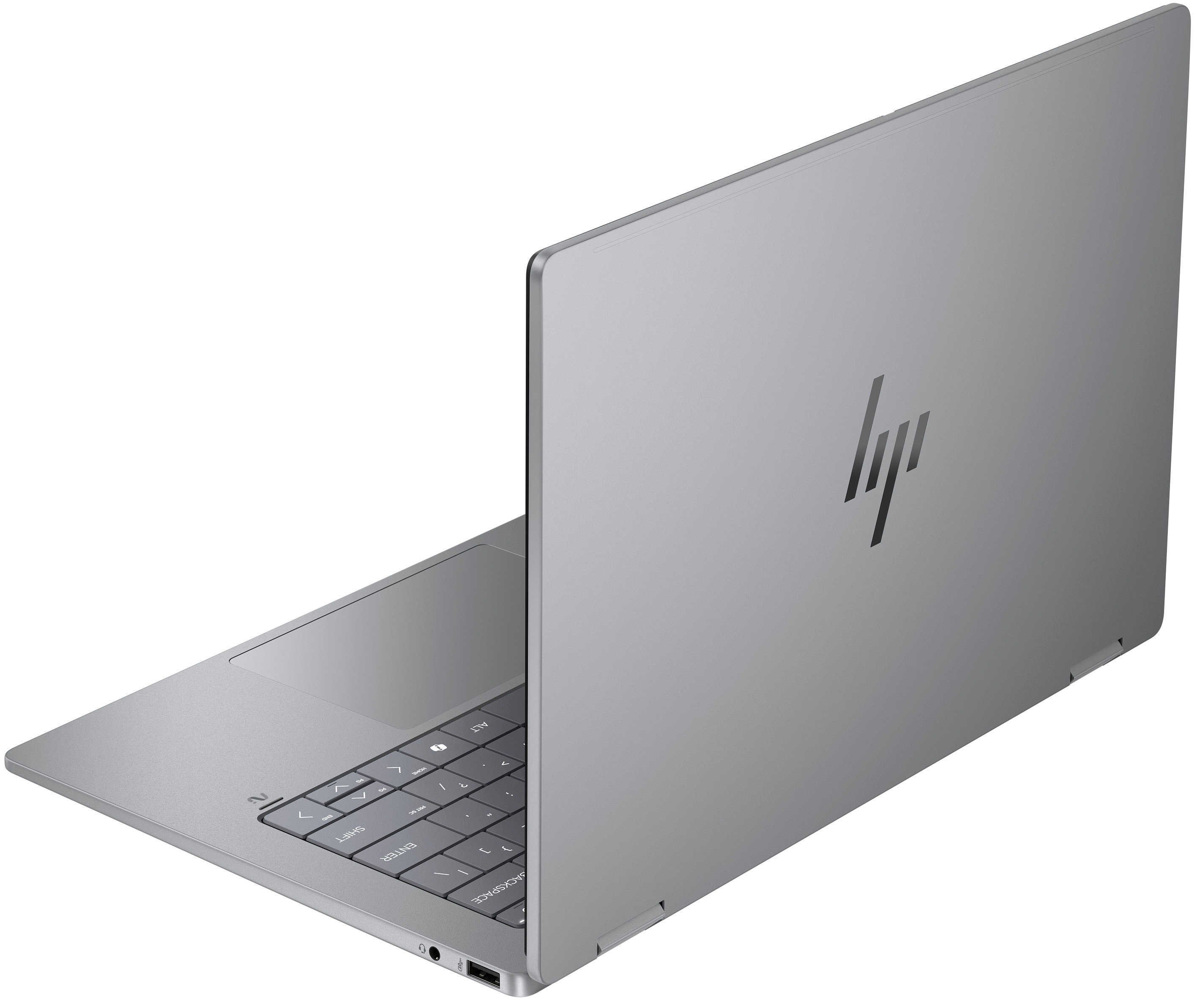 Ein silberner HP Laptop mit Tastatur und Touchpad, von der Seite gesehen.