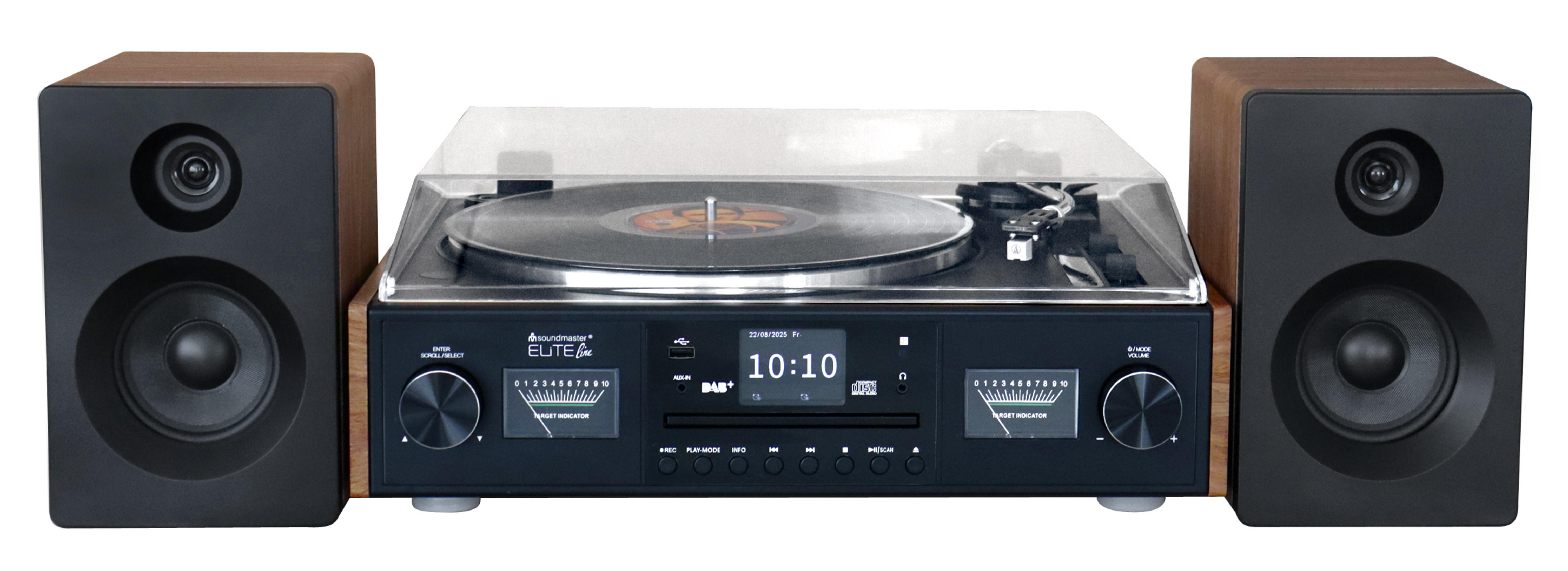 Eine Stereoanlage mit Plattenspieler, CD-Player und zwei Lautsprechern.