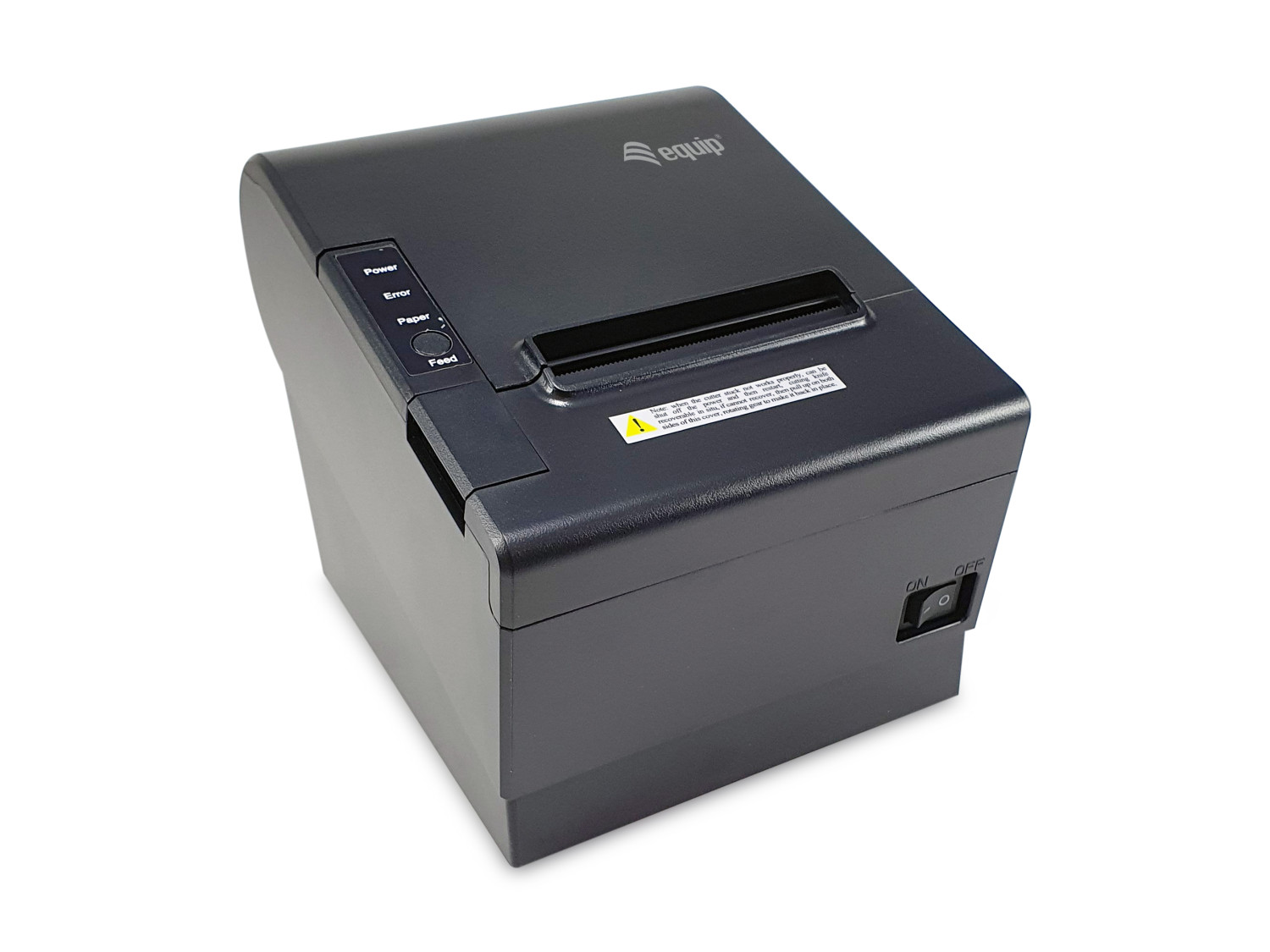 Schwarzer Belegdrucker mit 'equip'-Logo, Power-/Fehler-/Papier-/Feed-Tasten und EIN/AUS-Schalter.