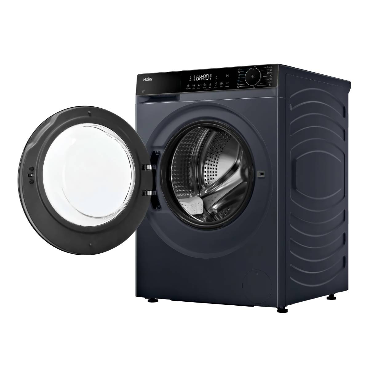Lavatrice Haier grigio scuro con porta aperta e display digitale.