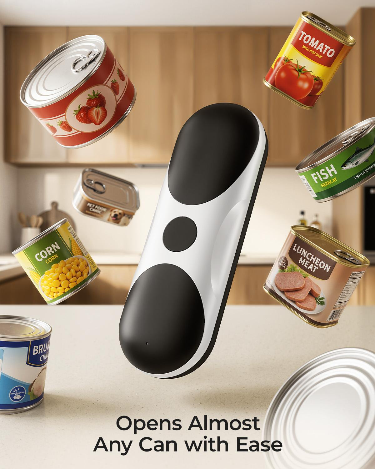 Ein elektrischer Dosenöffner schwebt über Dosen mit Mais, Tomaten, Fisch, Mittagessen, Erdbeeren und Tierfutter.