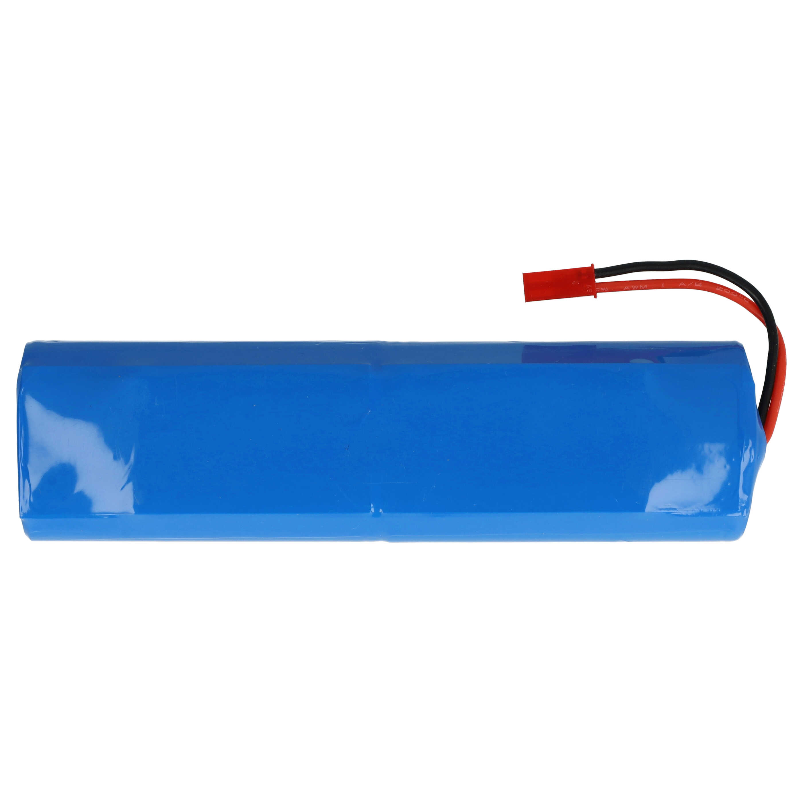 Blauer Akku mit rotem und schwarzem Kabel, weiße Hintergrund.