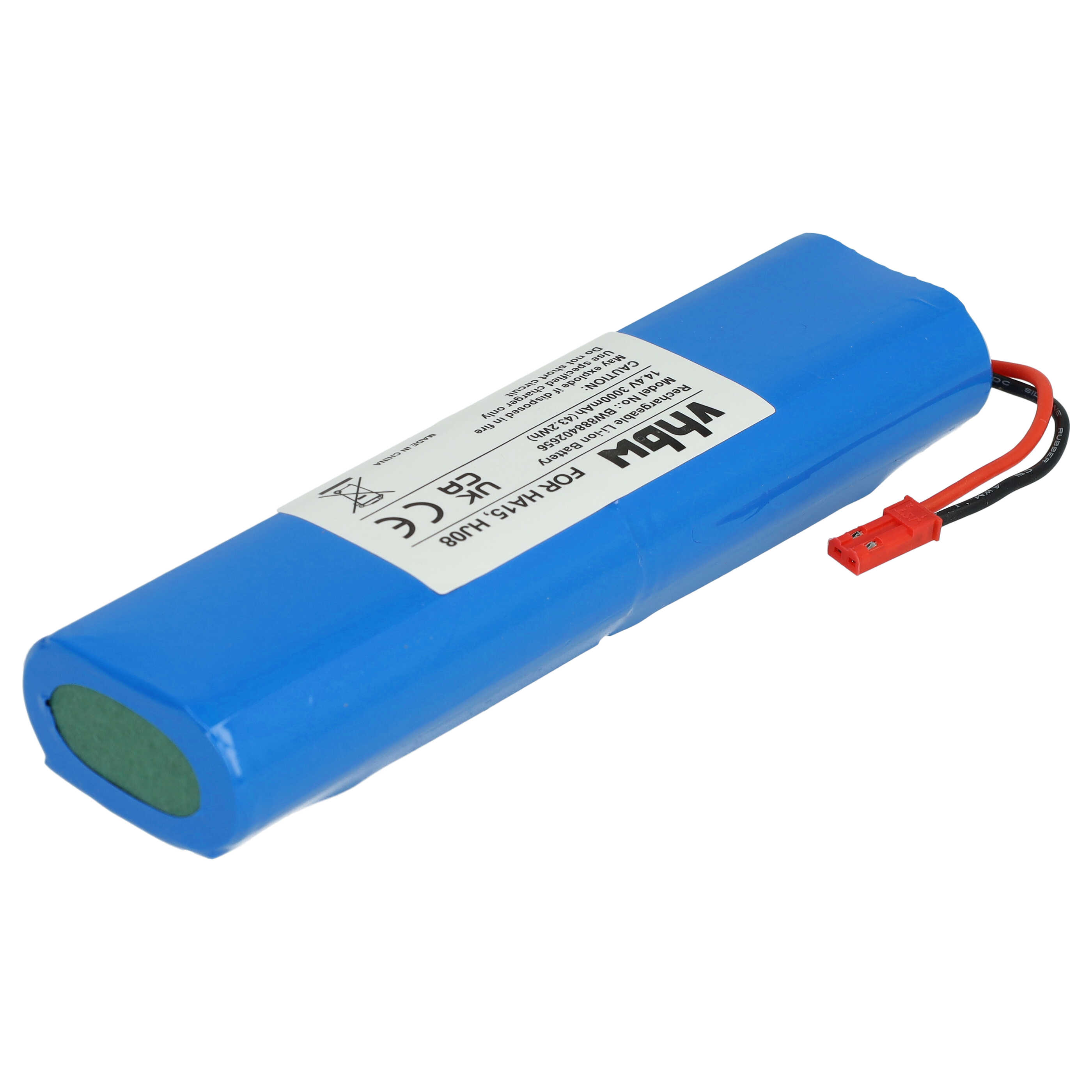 Ein blaues Li-Ion Akku-Pack mit roten und schwarzen Kabeln und einem roten Stecker.