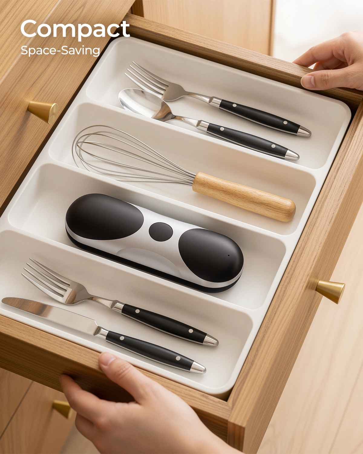 Besteckschublade mit Gabeln, Löffel, Schneebesen und einem schwarzen Gerät.