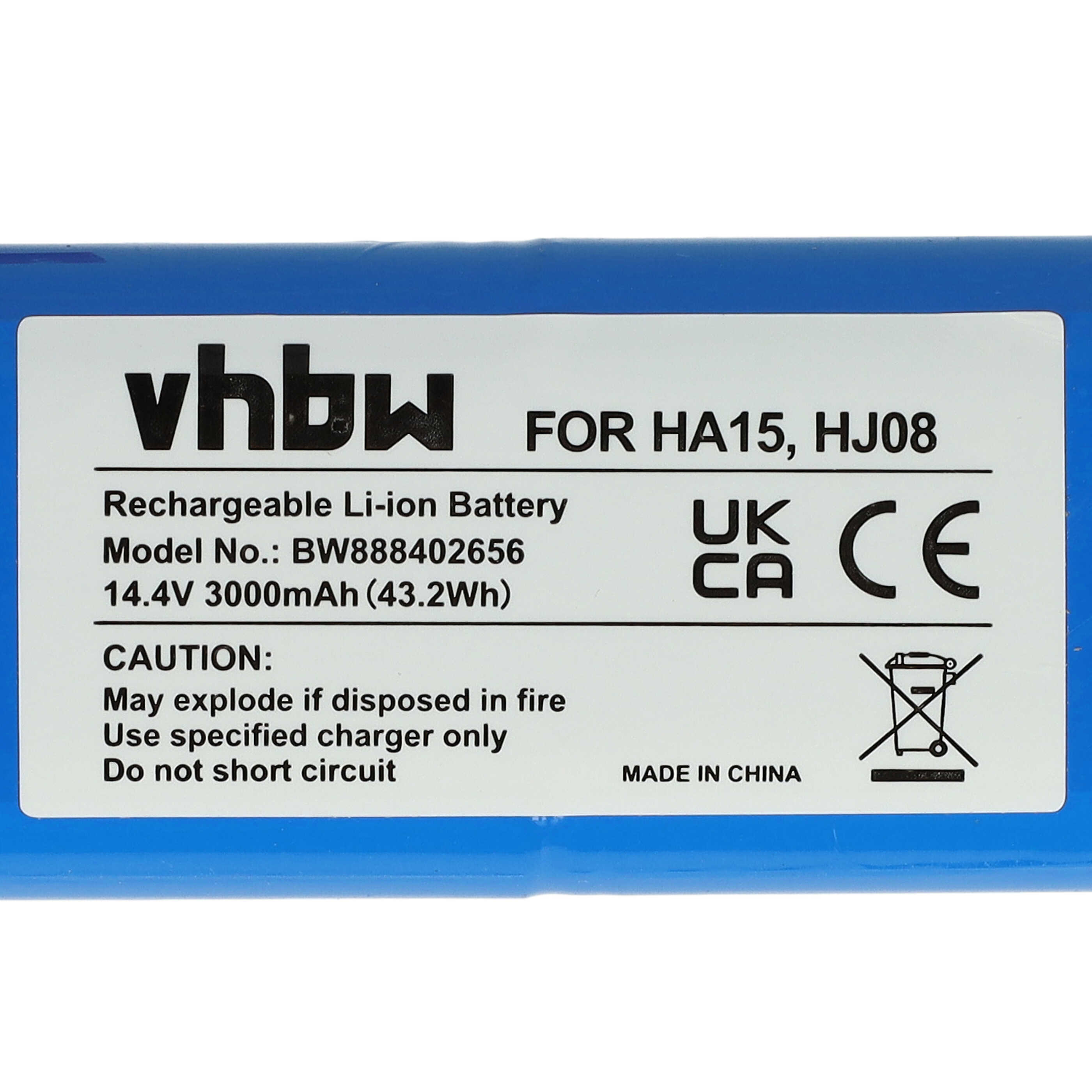 Blauer Akku mit Aufkleber: vhbw, Modell BW888402656, 14.4V 3000mAh.