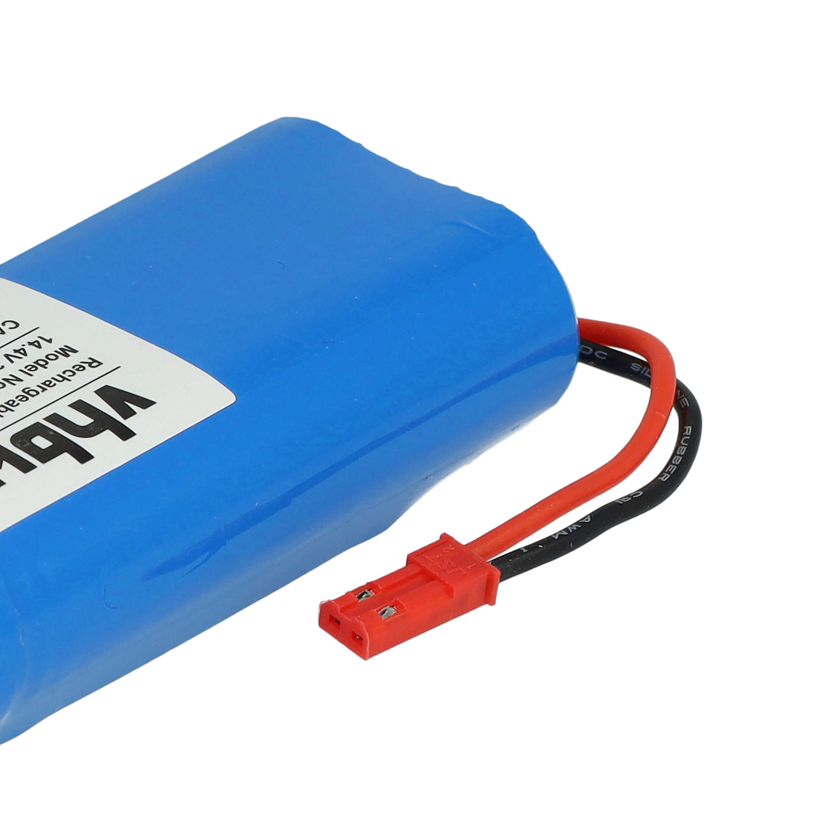 Ein blauer Akku mit roten und schwarzen Kabeln und einem roten Stecker.