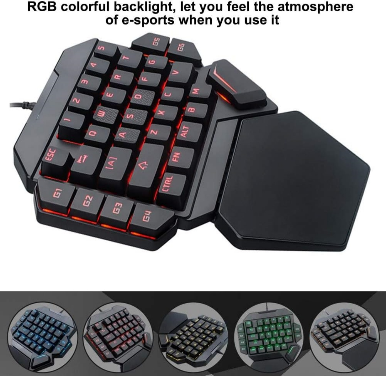 Schwarze Gaming-Tastatur mit roten Tasten und RGB-Hintergrundbeleuchtung.