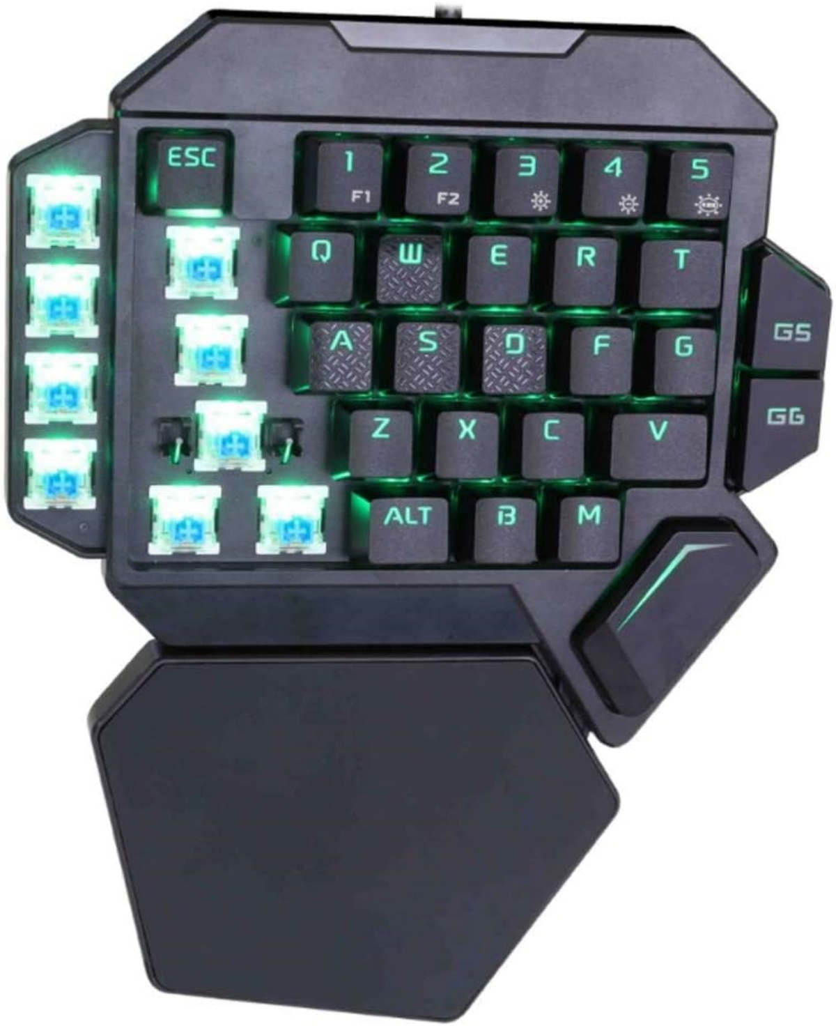 Eine schwarze Gaming-Tastatur mit grüner Hintergrundbeleuchtung und blauen Schaltern.