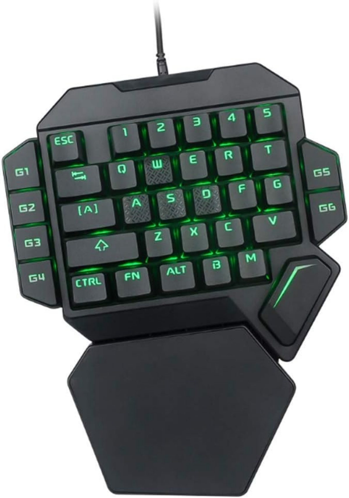 Eine schwarze Gaming-Tastatur mit grün beleuchteten Tasten und Handballenauflage.