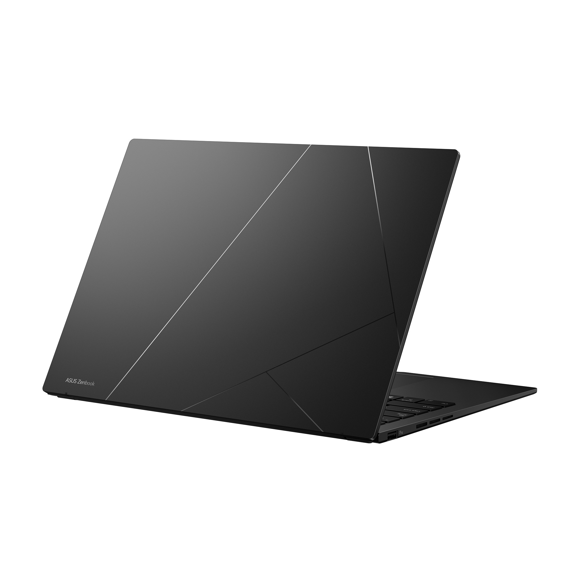 Schwarzer ASUS Zenbook Laptop mit geometrischen Linien auf dem Deckel.