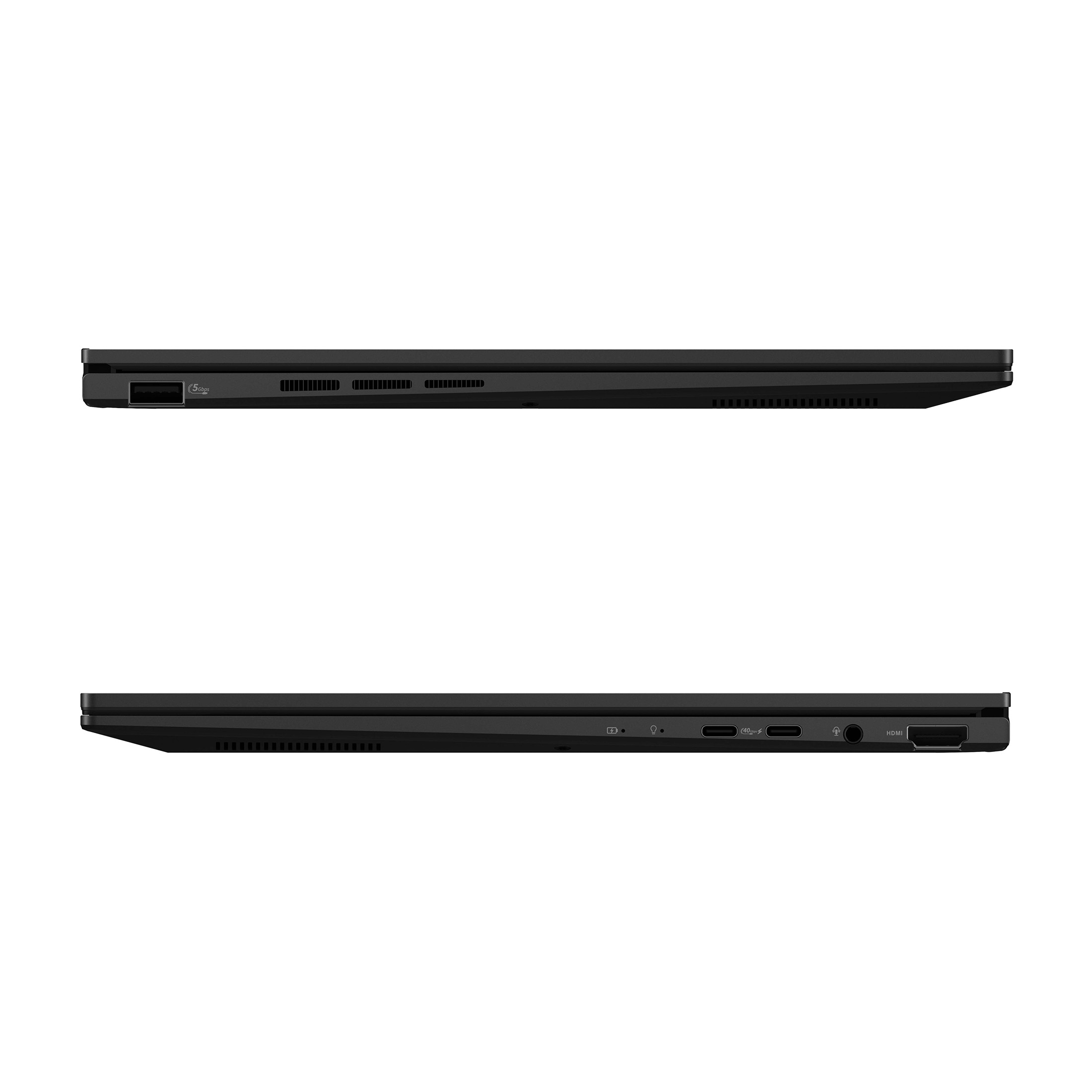 Schwarzer Laptop von der Seite mit sichtbaren Anschlüssen.