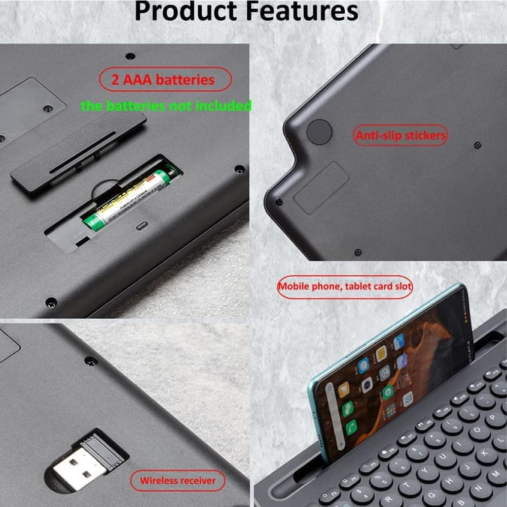 Produktmerkmale: Batteriefach, Anti-Rutsch-Aufkleber, USB-Empfänger, Handy-/Tablet-Schlitz.