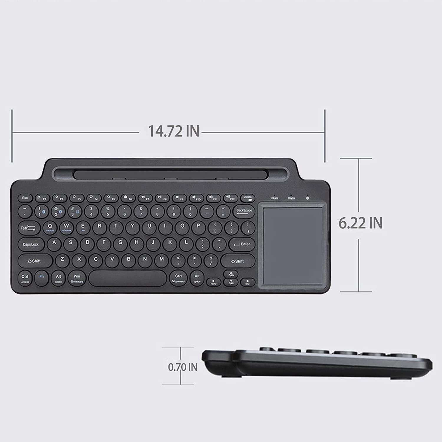 Schwarze Tastatur mit Trackpad, 37,4 cm lang, 15,8 cm breit, 1,8 cm hoch.