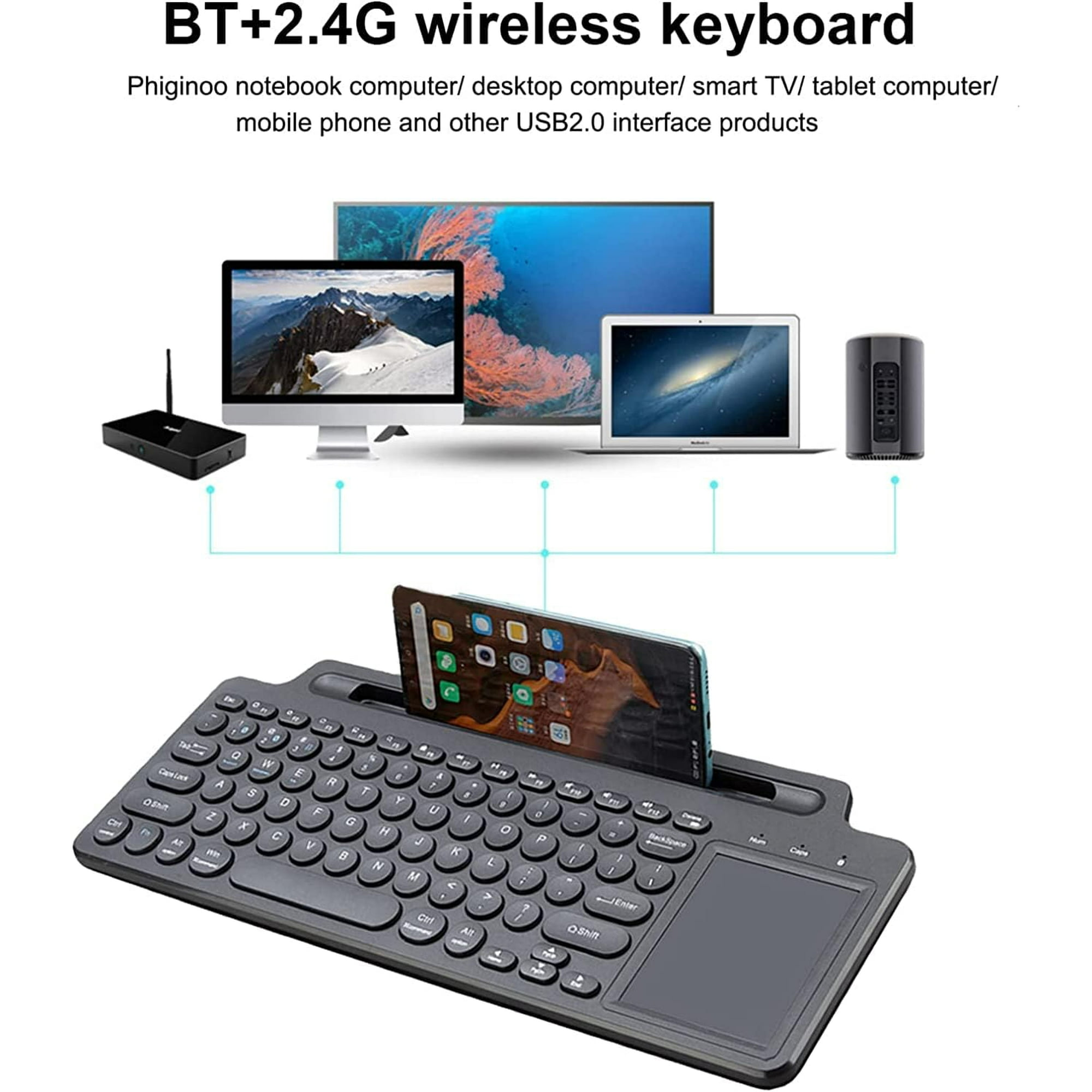 Eine kabellose Tastatur mit Handyhalterung, verbunden mit verschiedenen Geräten.