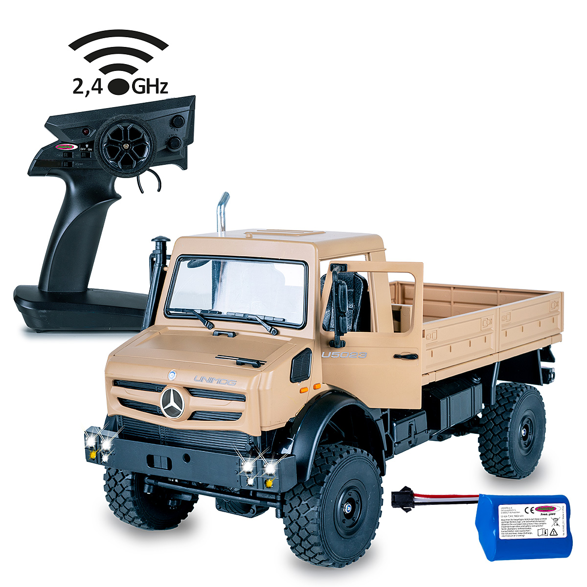 Ein beiger ferngesteuerter LKW mit geöffneter Tür, Fernbedienung und Akku.
