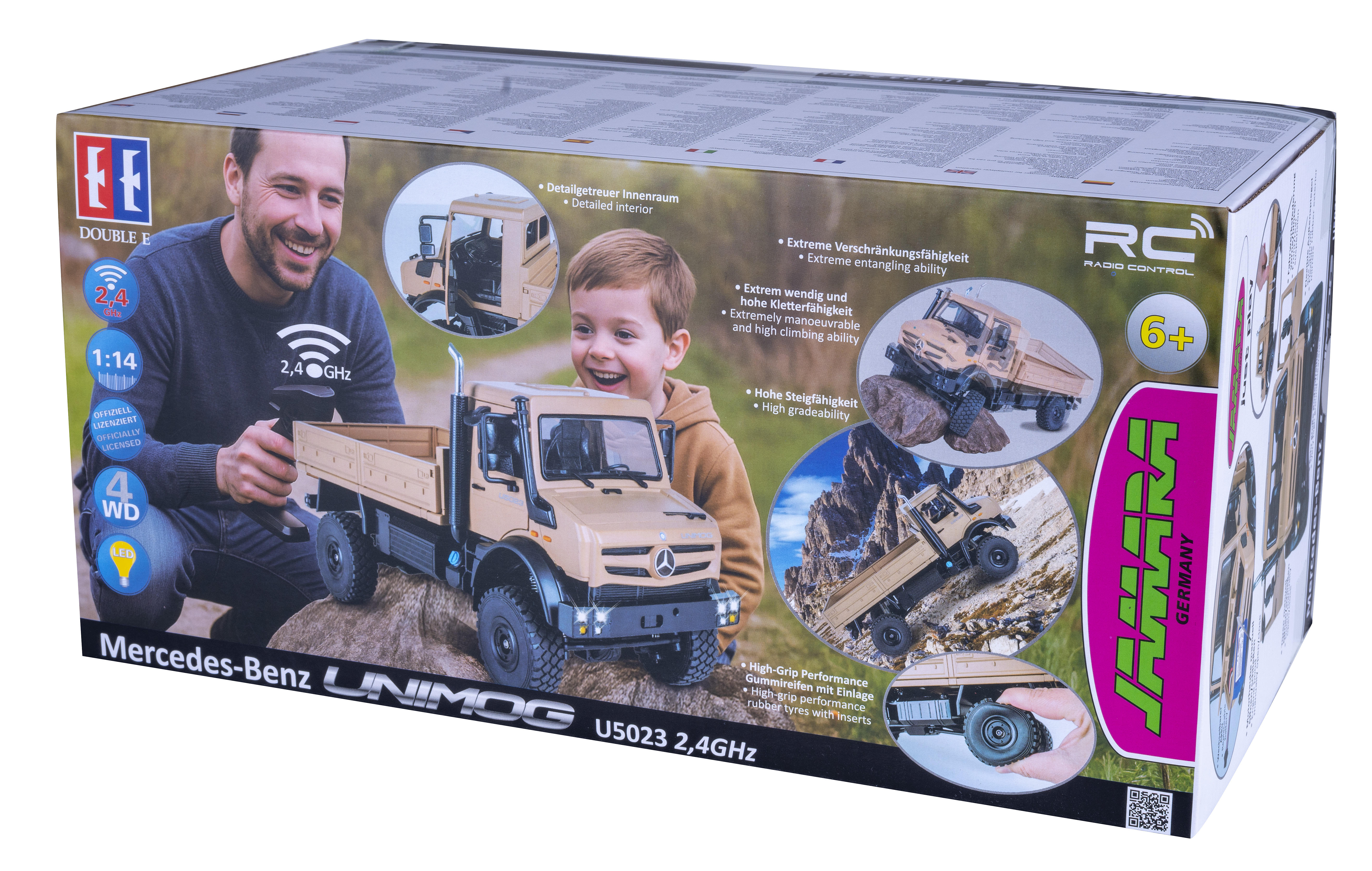 Verpackung eines ferngesteuerten Mercedes-Benz Unimog mit Vater und Sohn.